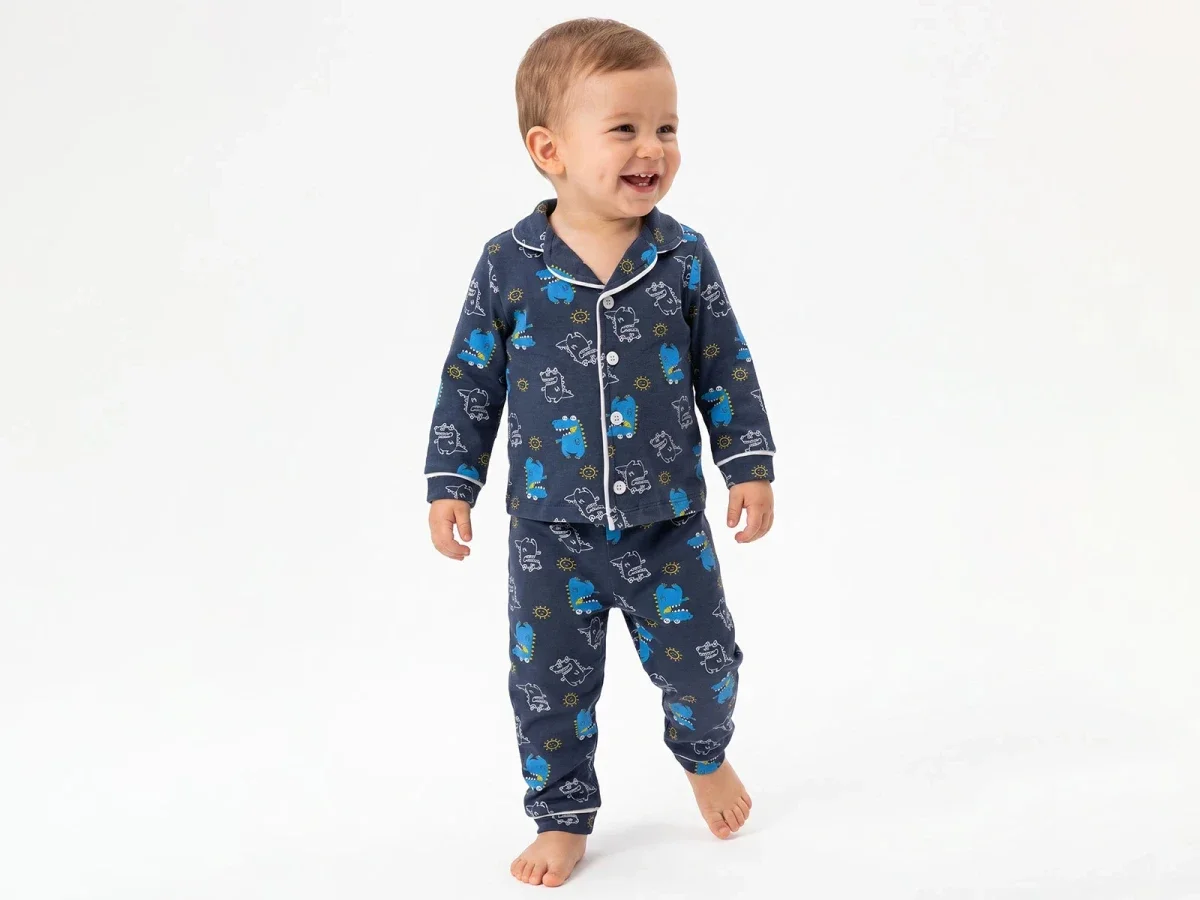 Dinosaur Print Baby Boy Pyjama Set - Navy - Dolas - by Peralane