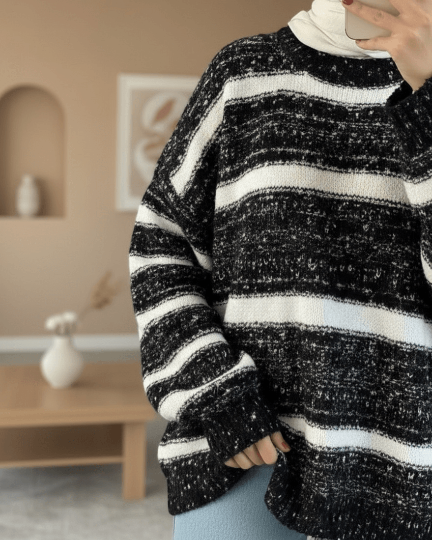 Black and White Thick Striped Knit Sweater - Women's - Podyumplus - by Peralane - photo 2