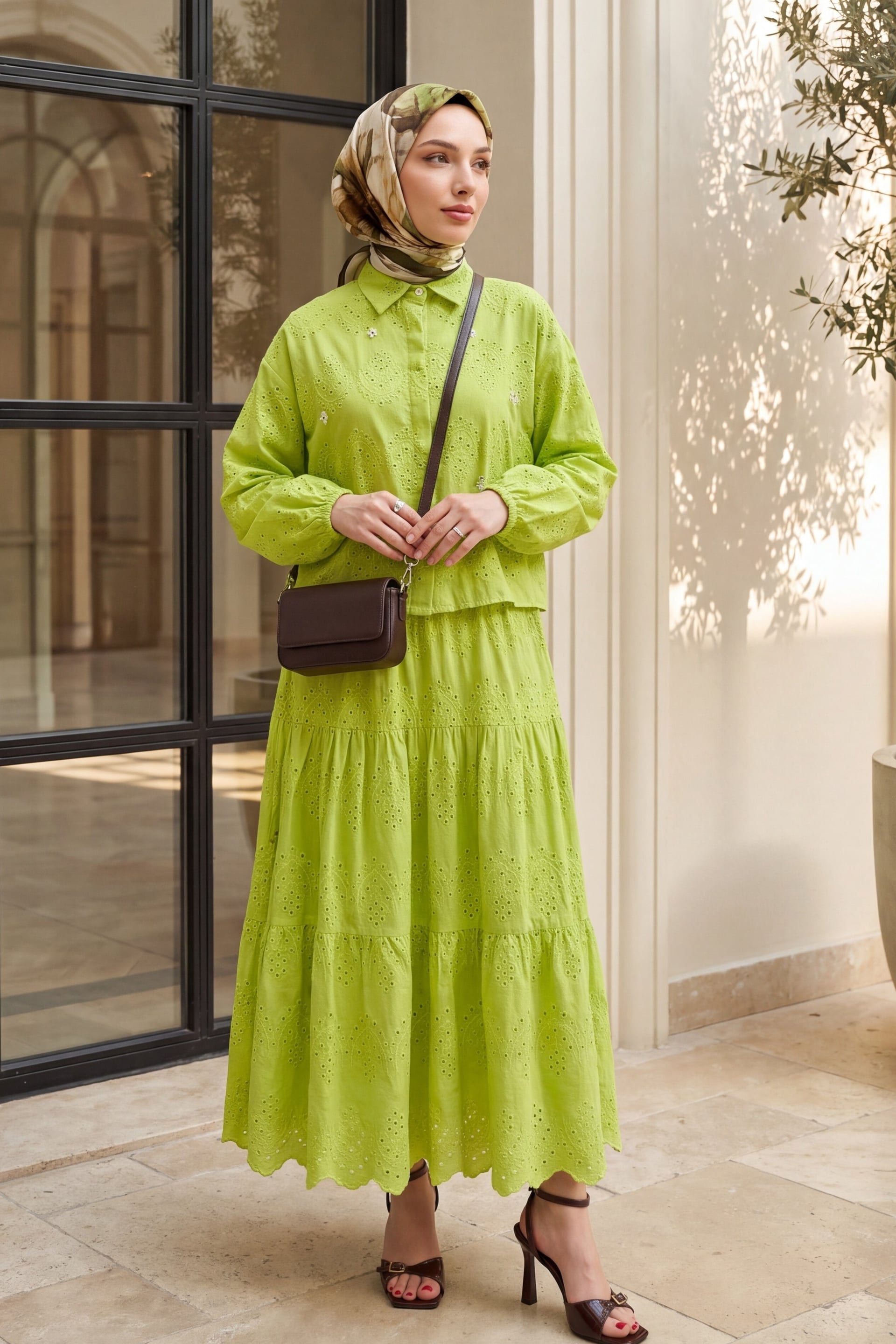Eyelet Embroidered Co-ord Set with Tiered Maxi Skirt - Lime Green - Podyumplus - by Peralane - photo 2