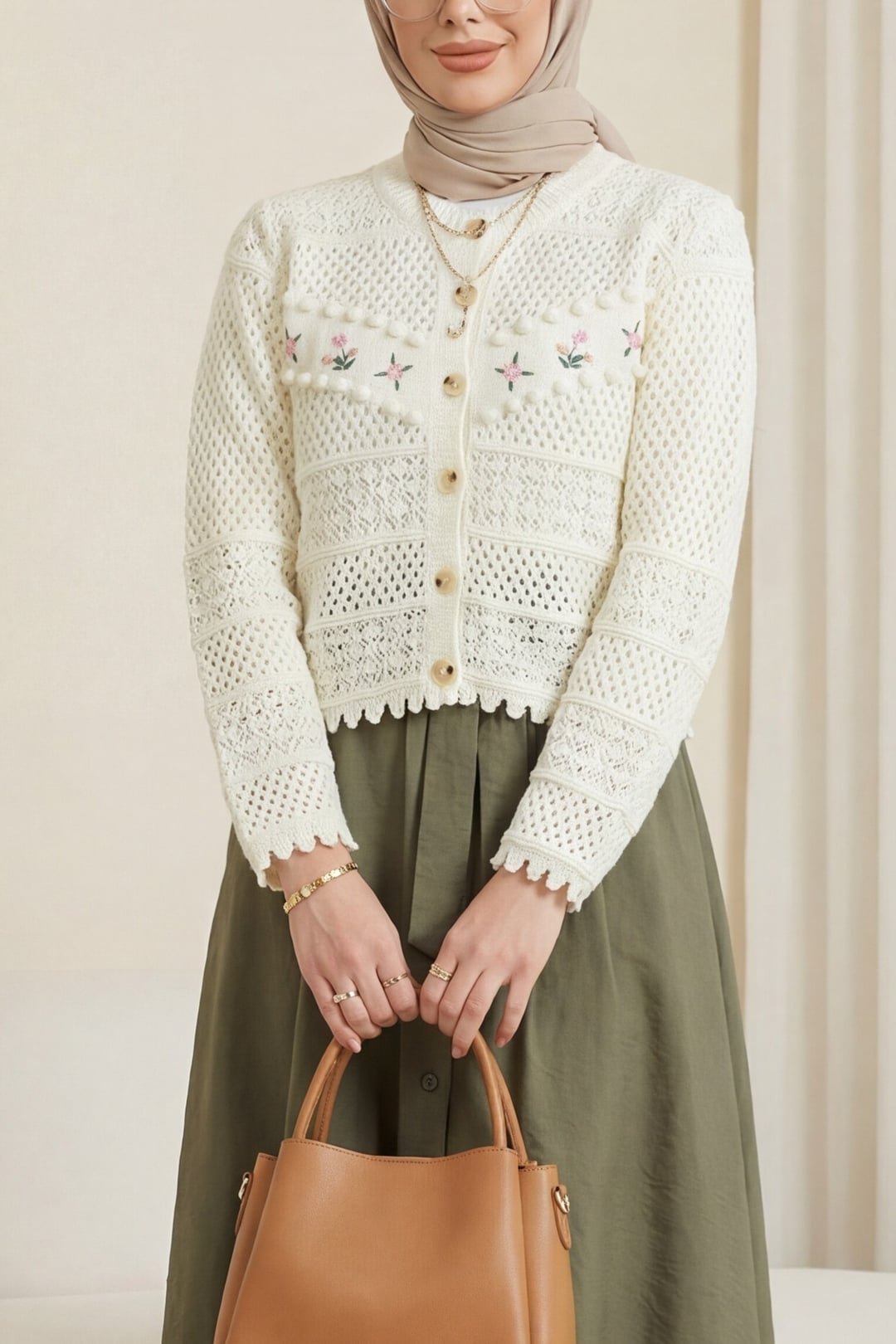 Cream Floral Embroidered Button Cardigan with Pom-Poms - Podyumplus - by Peralane