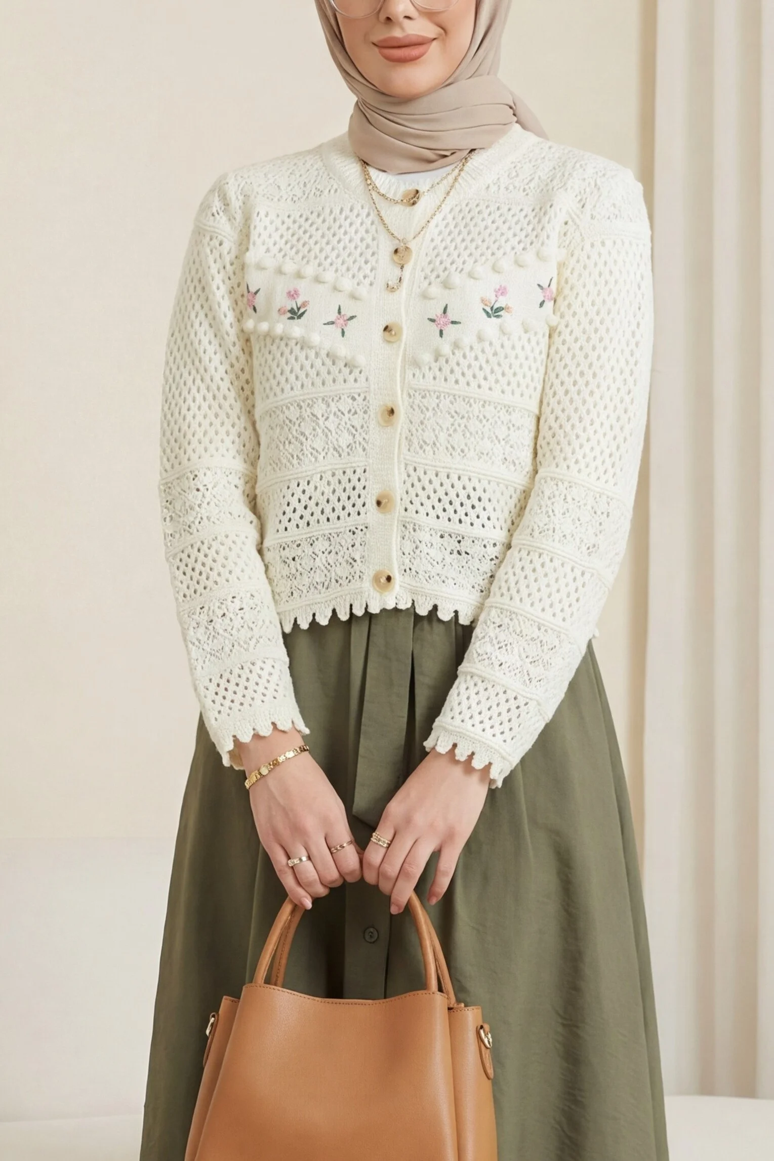 Cream Floral Embroidered Button Cardigan with Pom-Poms - Podyumplus - by Peralane