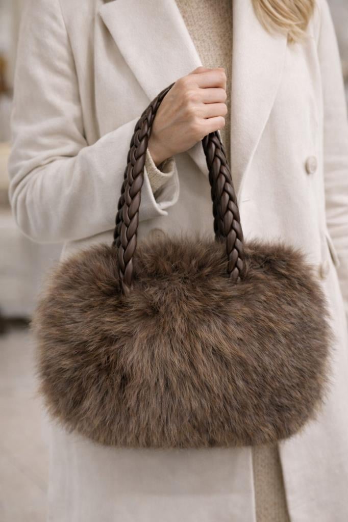 Brown Faux Fur Round Bag with Braided Handle - Nesvay - by Peralane - photo 3
