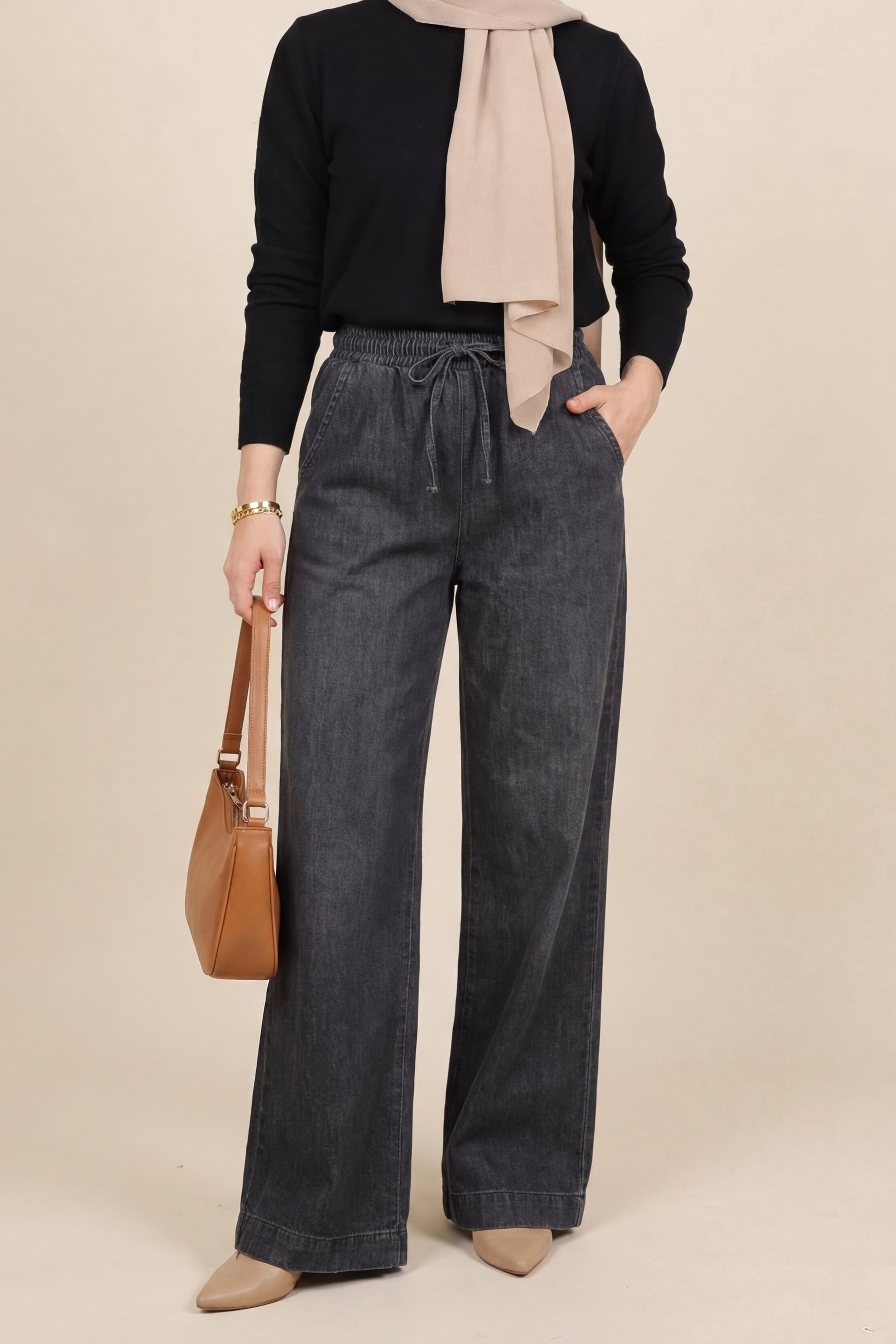 Elasticated Waist Wide-Leg Denim Jeans - Anthracite - Podyumplus - by Peralane - photo 5