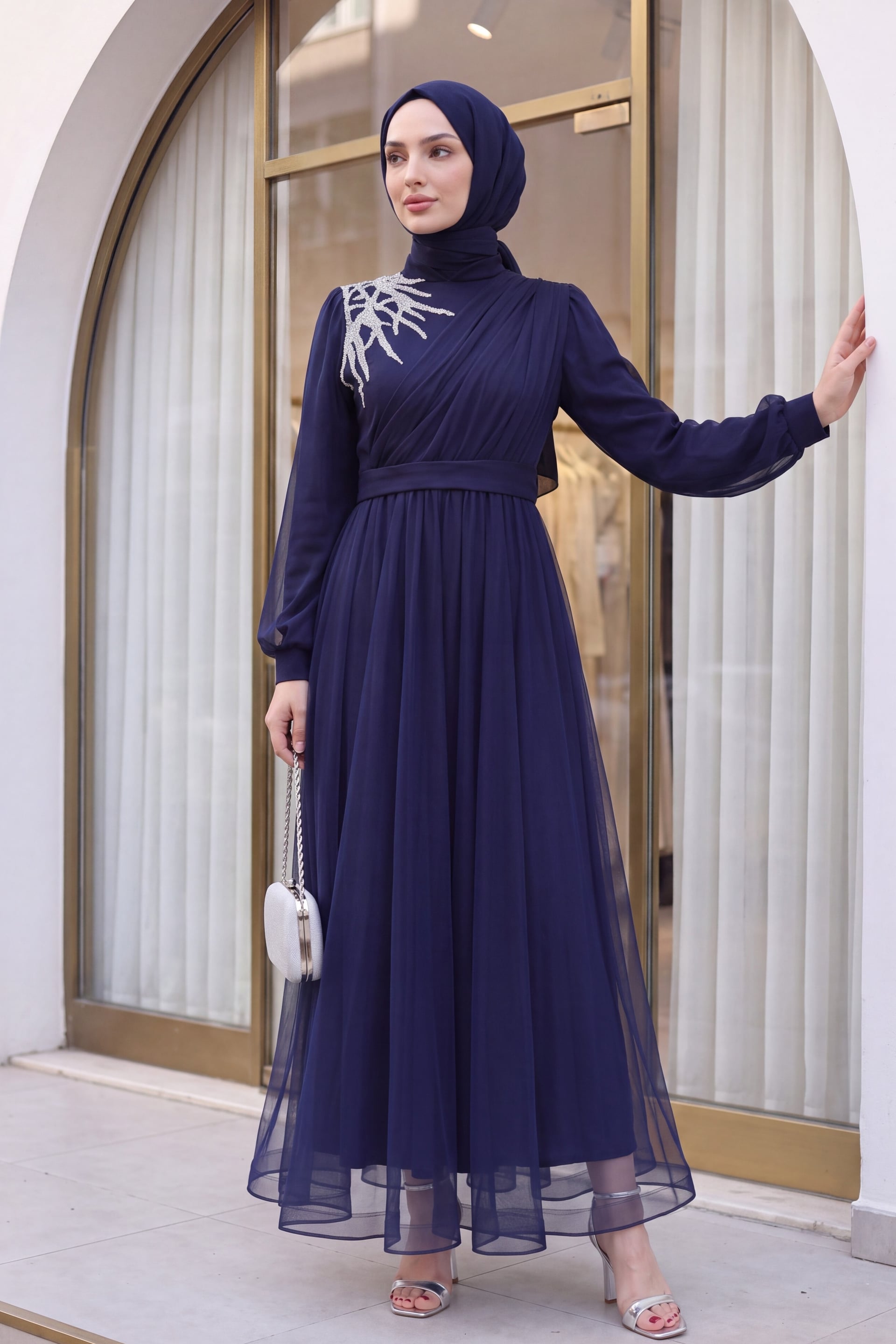 Navy Blue Stone Detail Draped Belted Tulle Evening Dress with Sheer Sleeves - Podyumplus - by Peralane - photo 2