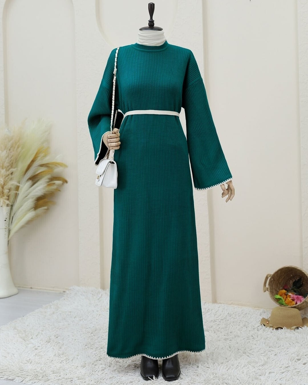 Embroidered Ribbed Knit Dress with Lace-Up Details - Emerald - Podyumplus - by Peralane - photo 3