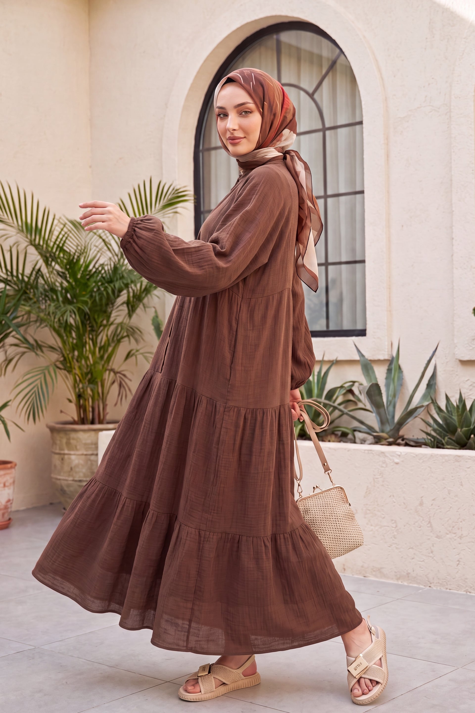 V-Neck Half Button Long Sleeve Tiered Muslin Dress - Brown - Podyumplus - by Peralane - photo 4