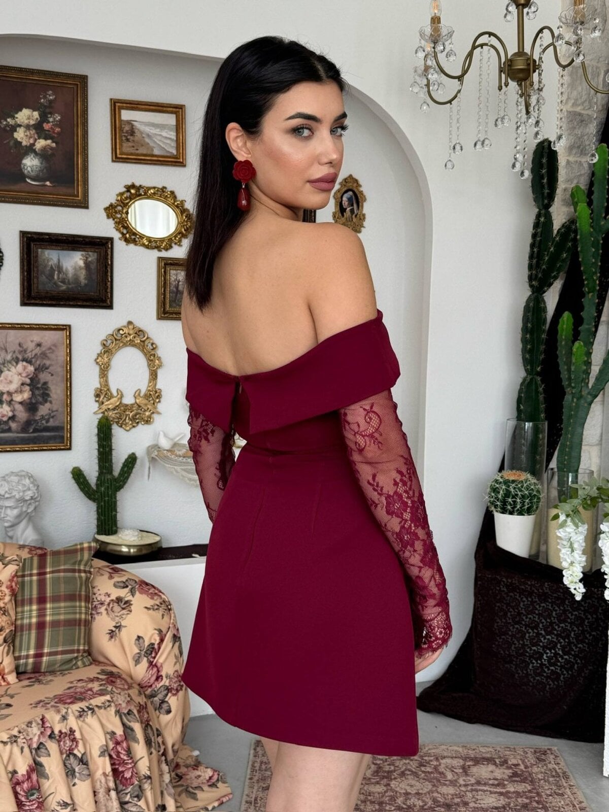 Burgundy Off-Shoulder Dress with Lace Sleeves - Women's Satin and Lace Formal Dress - Etika - by Peralane - photo 7
