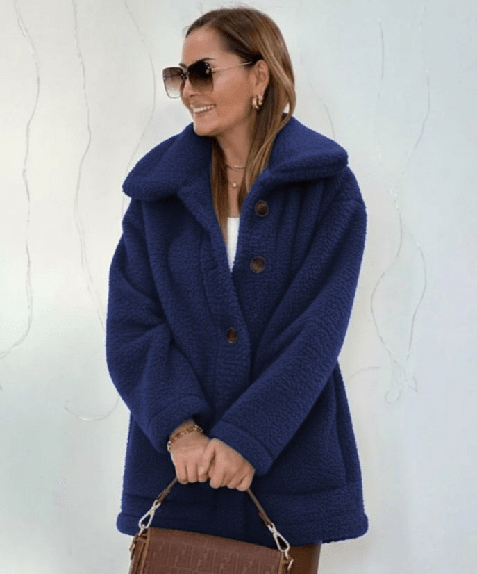 Women's Navy Blue Long Sleeve Collared Button Front Welsoft Coat - Janes - by Peralane - photo 2