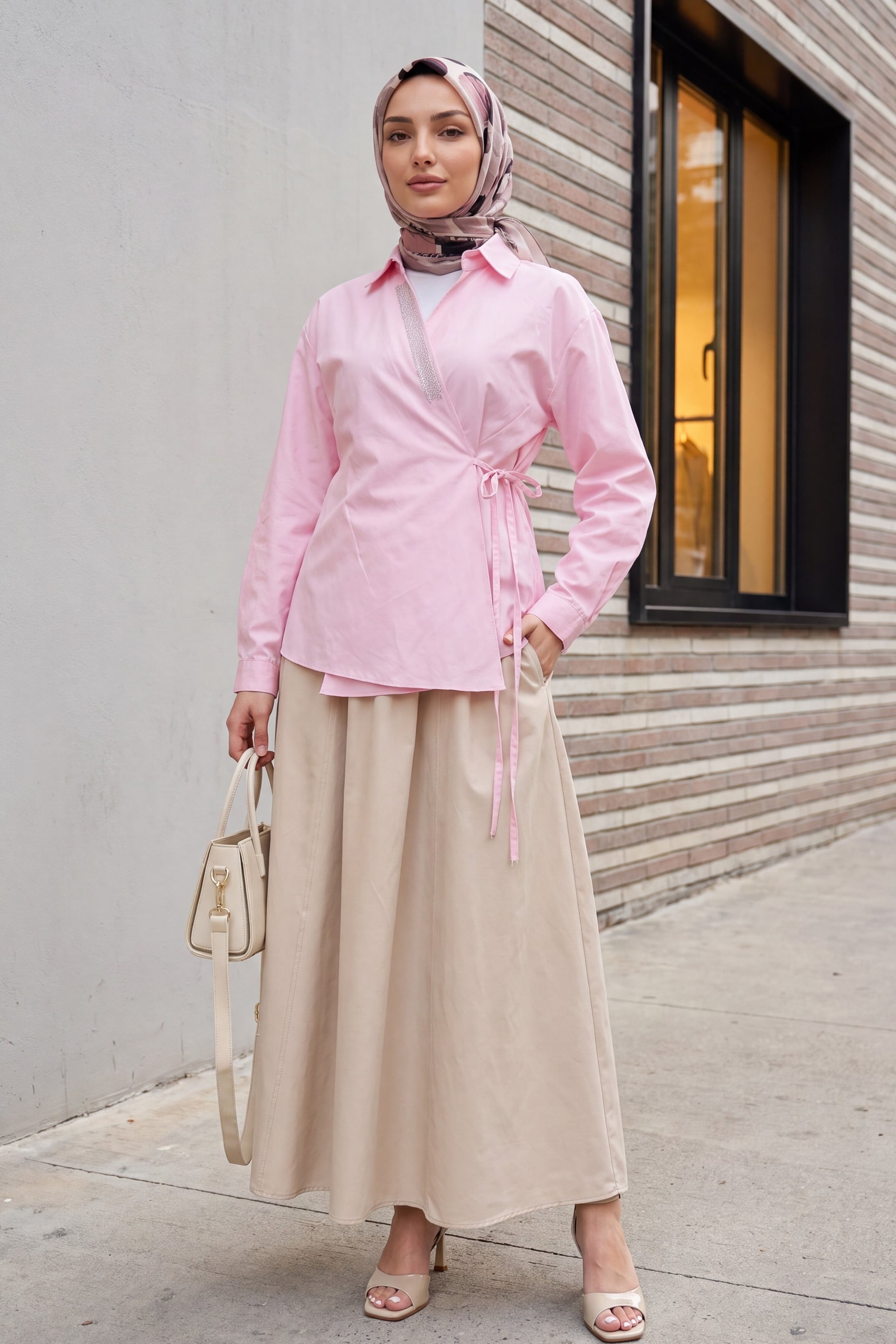 Women's Pink Wrap Poplin Blouse with Stone Details and Side Tie - Podyumplus - by Peralane - photo 4