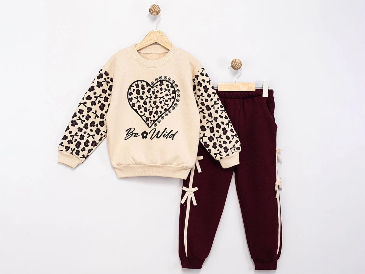 Girls' Heart Print Bow Detail 3-Thread Brushed Sweatshirt and Trousers Set - Feely Kids - by Peralane