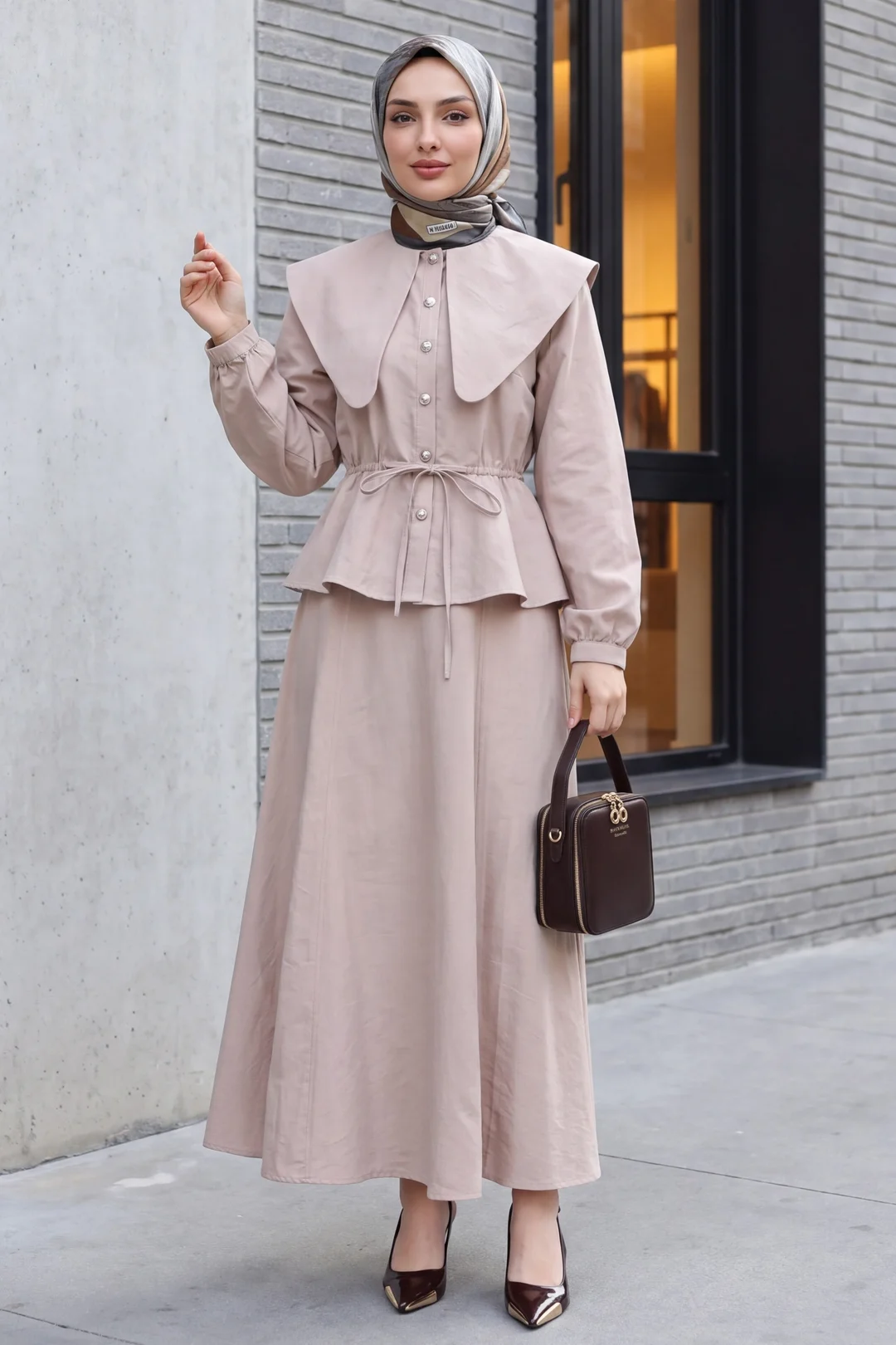 Skipper Collar Elasticated Waist Buttoned Skirt Set - Stone - Podyumplus - by Peralane