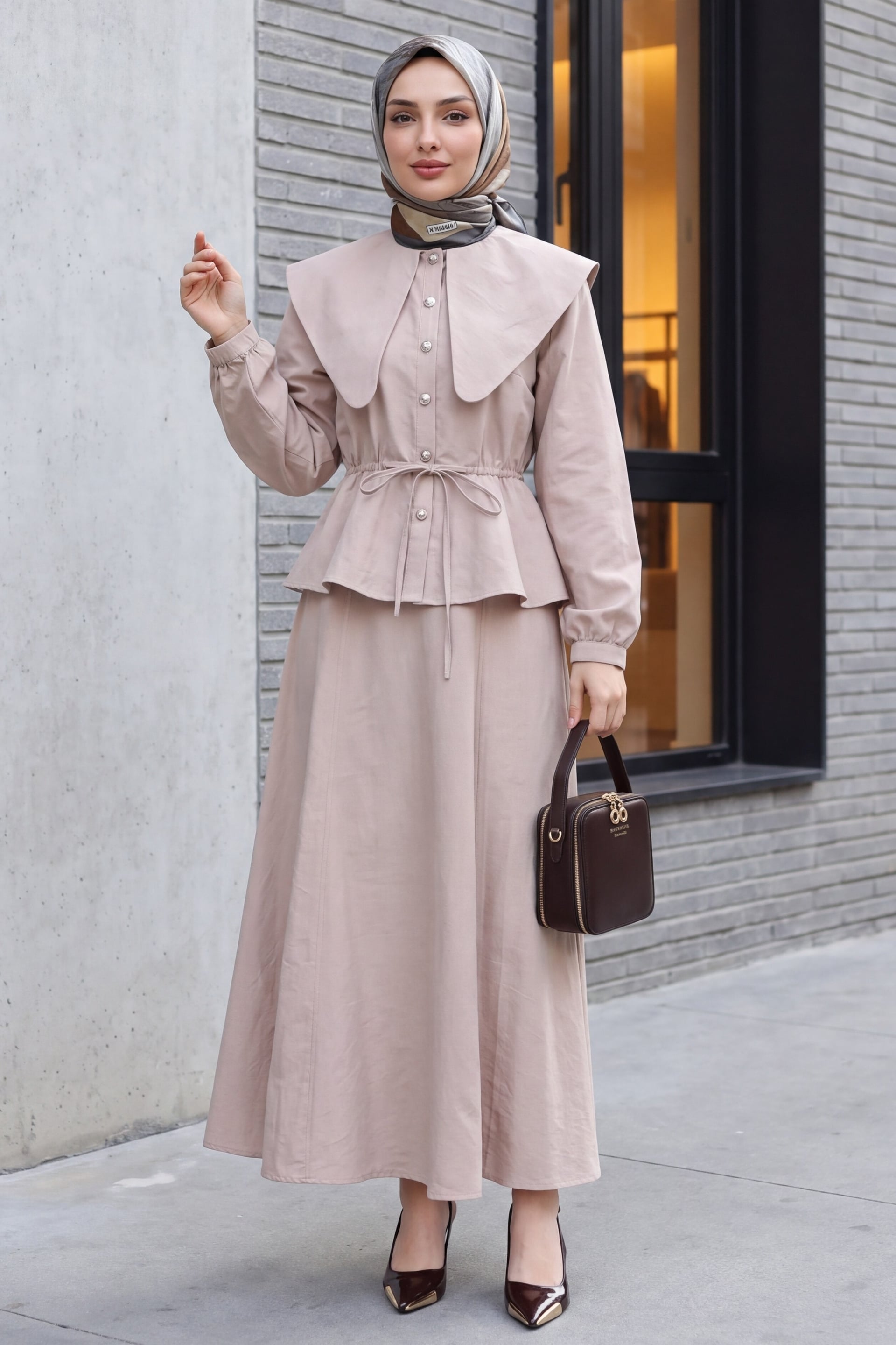 Skipper Collar Elasticated Waist Buttoned Skirt Set - Stone - Podyumplus - by Peralane