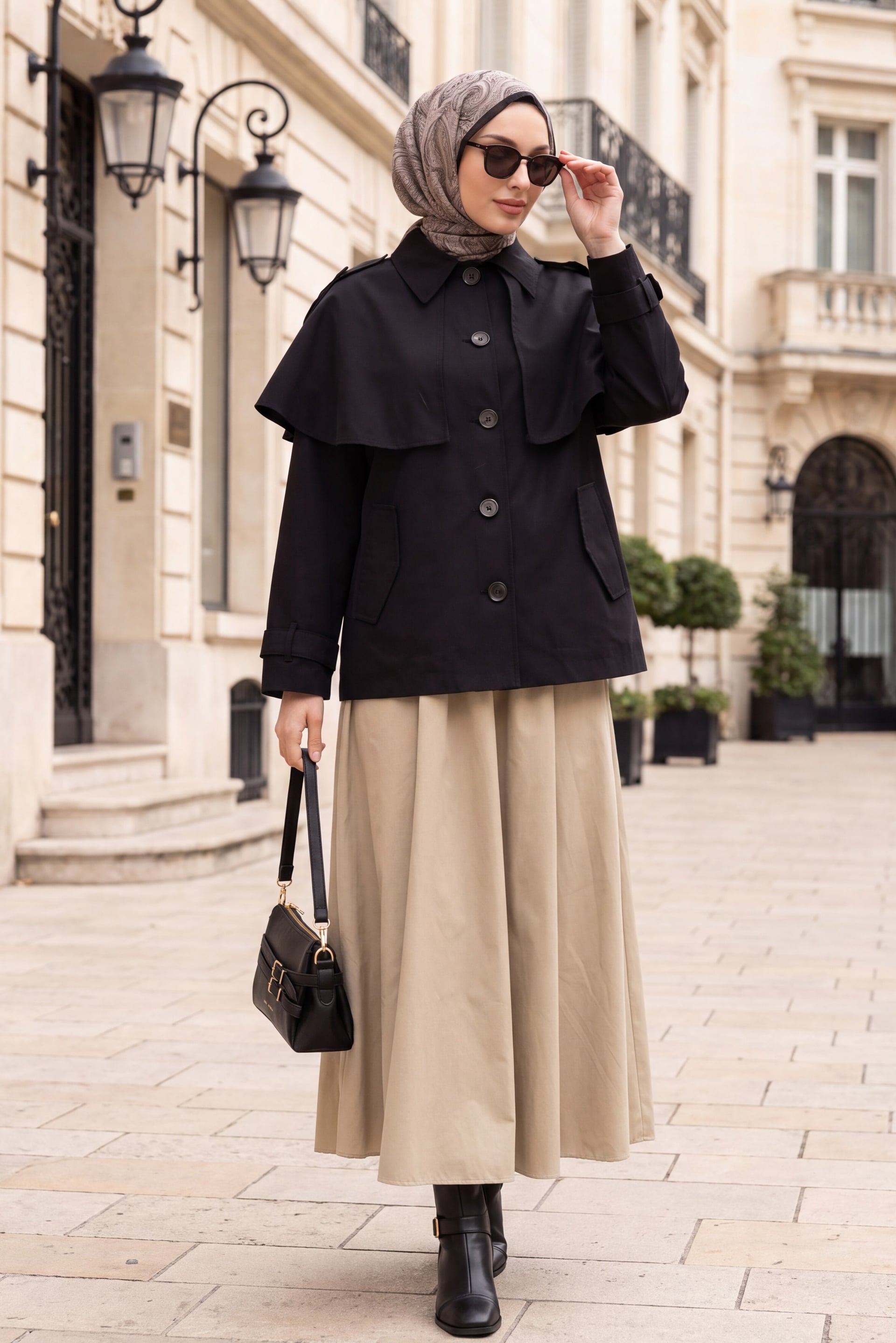 Women's Black Cape Detail Buttoned Lined Jacket - Podyumplus - by Peralane - photo 3