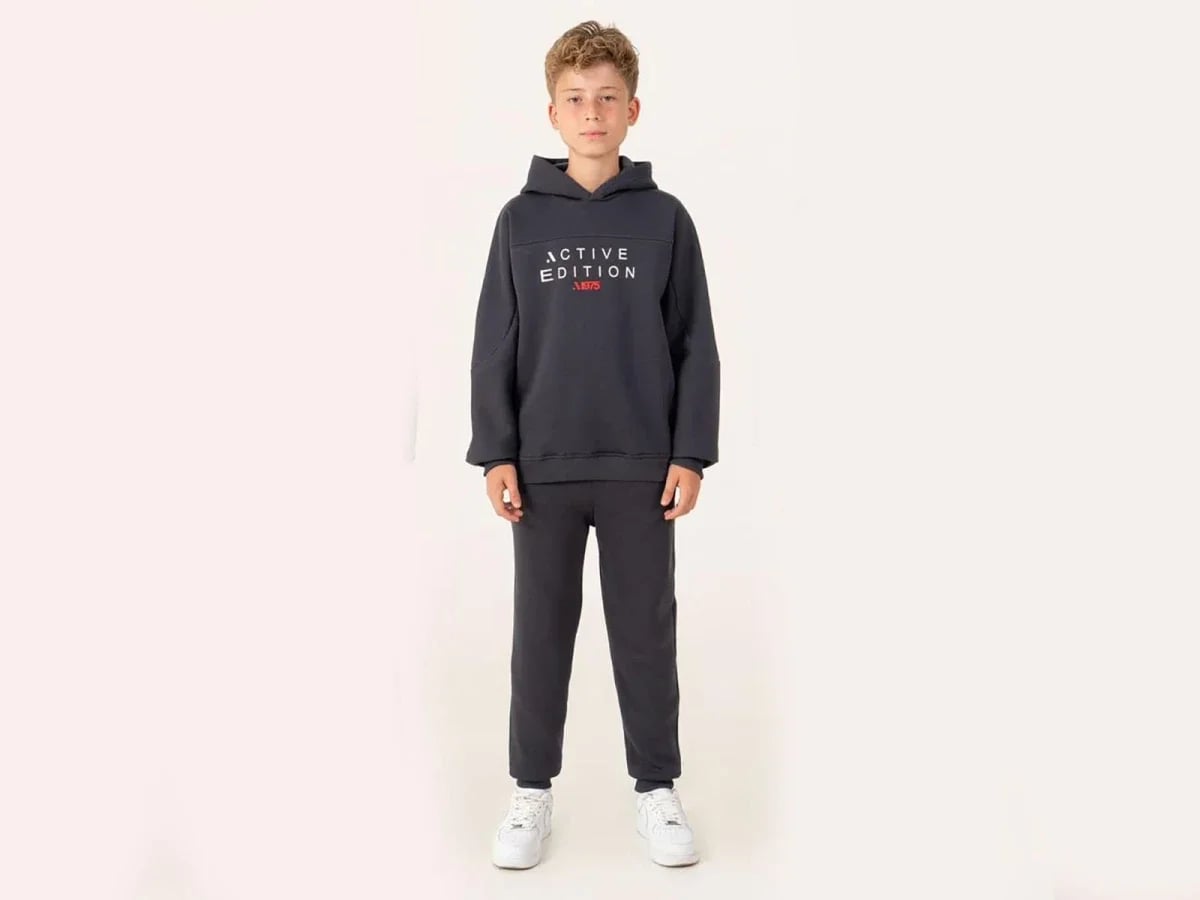 Boys' Active Print Hooded Crew Neck Tracksuit Set - Anthracite - Ruhat Kids - by Peralane