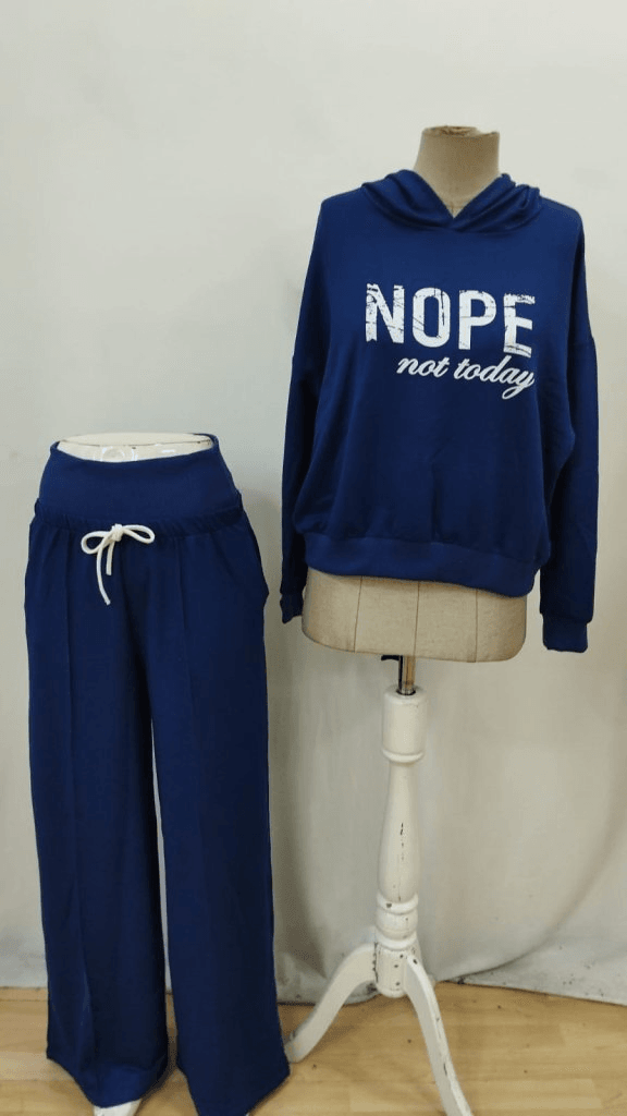 Women's Navy Blue Nope Print Hooded Sweatshirt and Wide-Leg Trousers Loungewear Set - Janes - by Peralane - photo 5