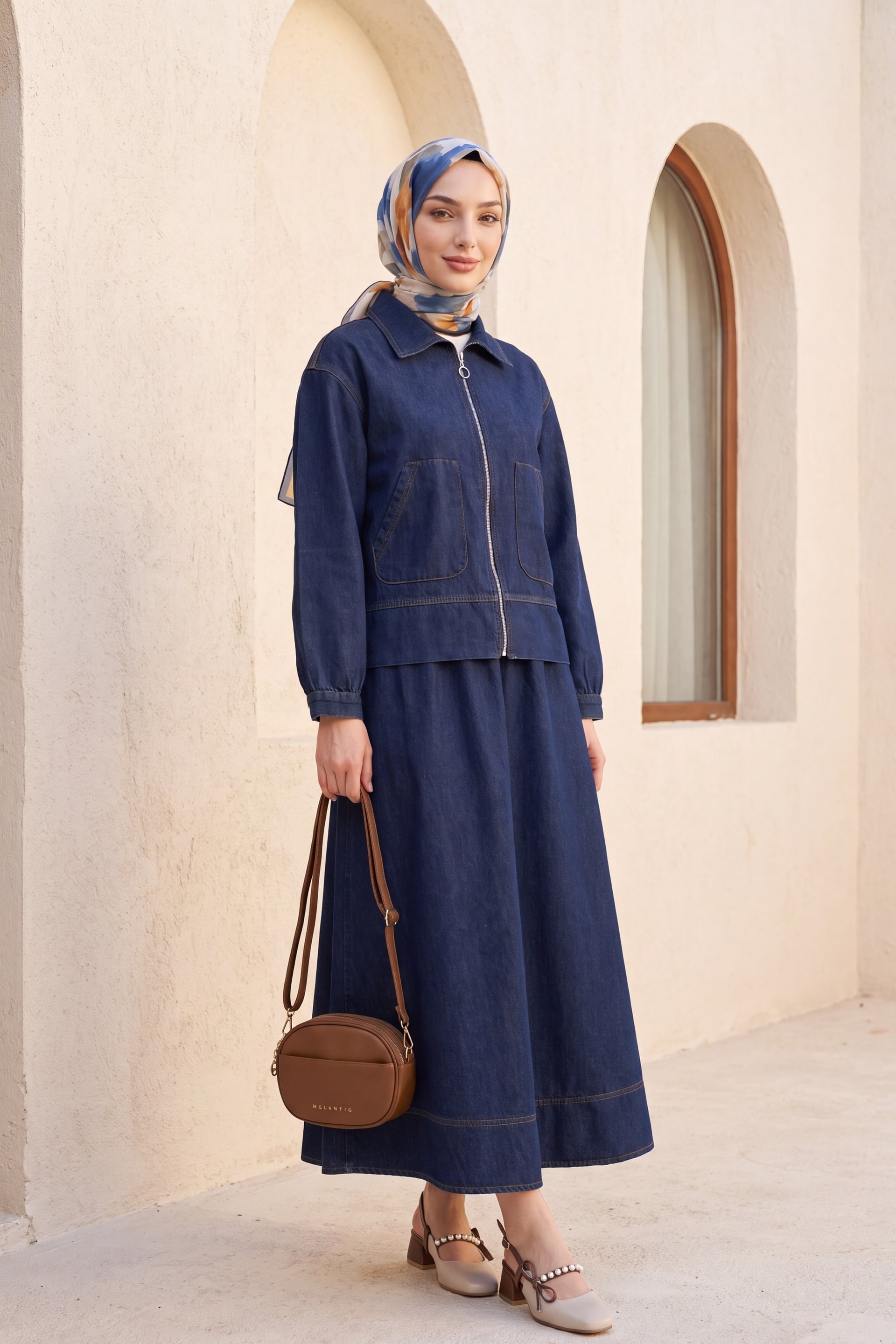 Zip-Front Double-Pocket Denim Jacket and Skirt Set - Dark Navy - Podyumplus - by Peralane - photo 3