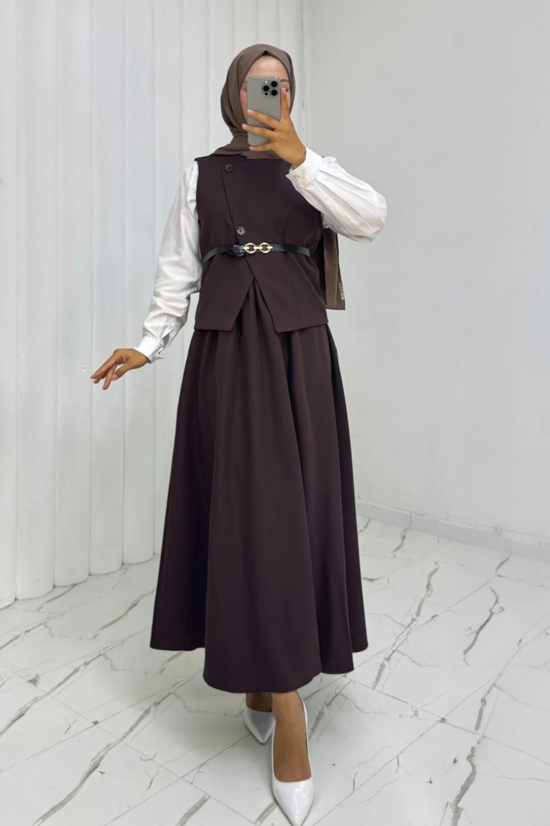 Cross Button Belted Vest and Skirt Set in Brown | Modest Two-Piece Set - Podyumplus - by Peralane - photo 3