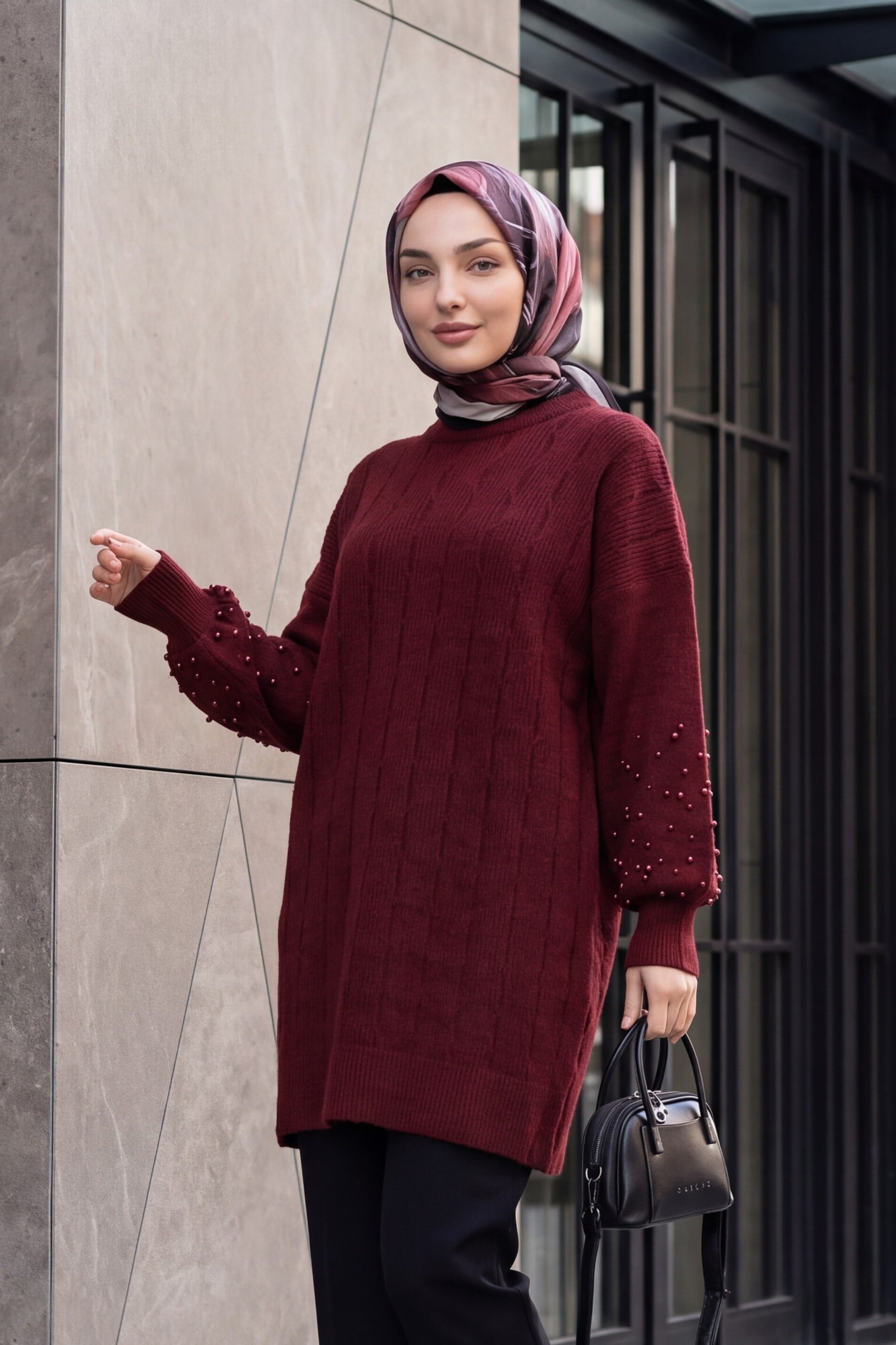 Pearl Detail Patterned Relaxed Knit Tunic - Bordeaux - Podyumplus - by Peralane - photo 5