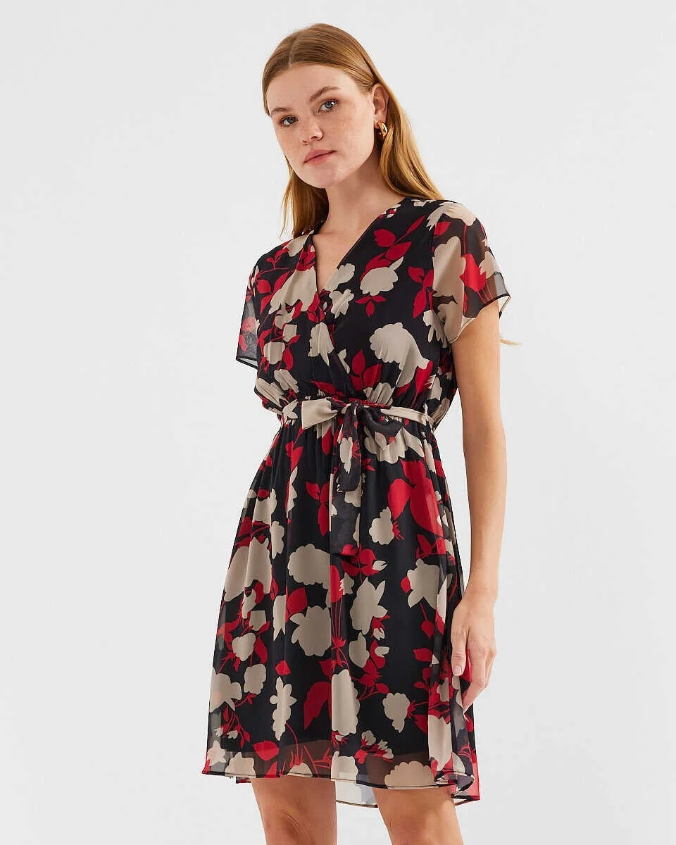 Short Sleeve Patterned Chiffon Dress - Bordeaux - Bigdart - by Peralane - photo 2