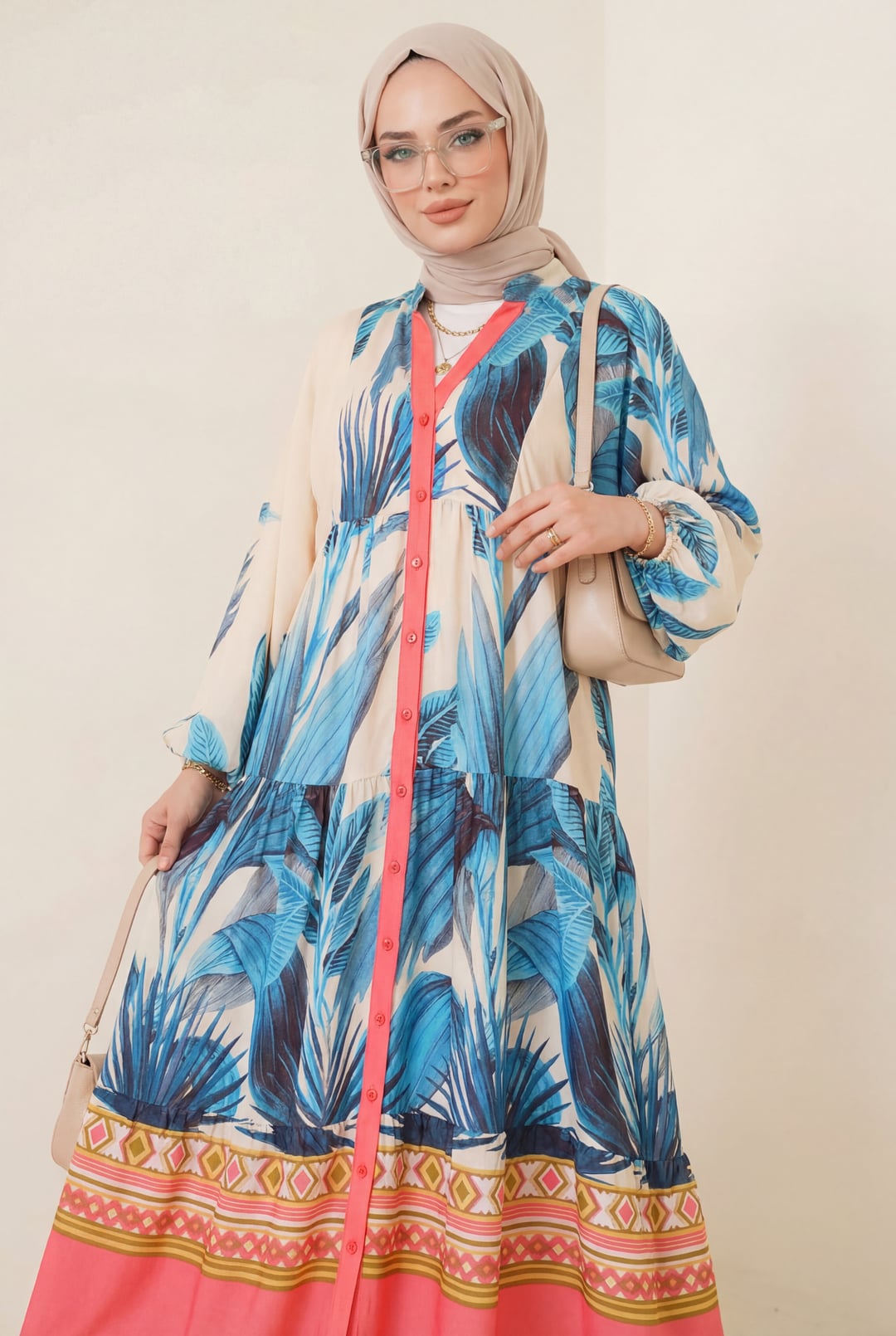 Elasticated Cuff Long Sleeve V-Neck Button Front Tiered Midi Dress - Indigo - Podyumplus - by Peralane - photo 2