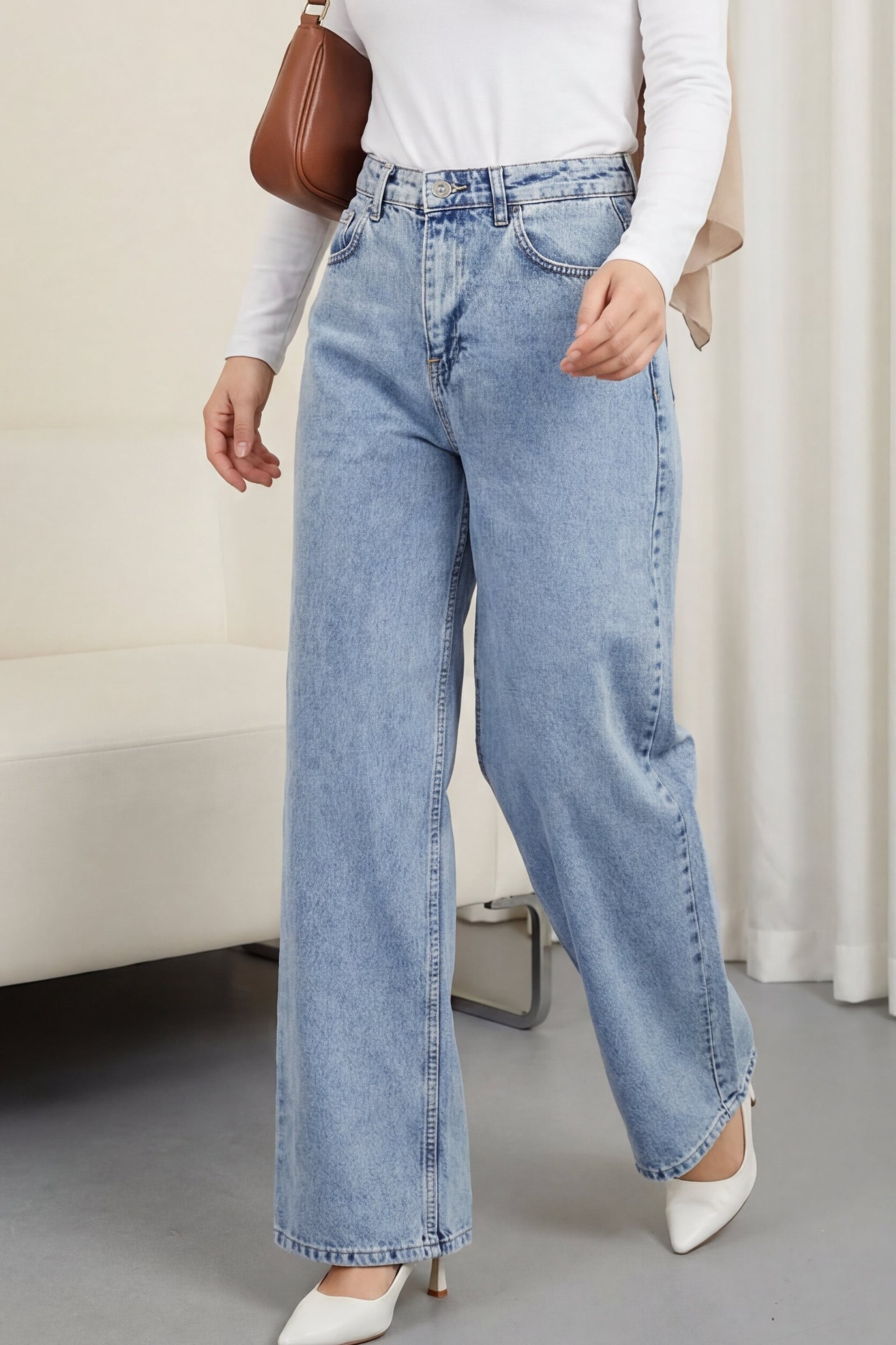 Pocket Wide Leg Zip Denim Trousers - Ice Blue - Podyumplus - by Peralane - photo 2