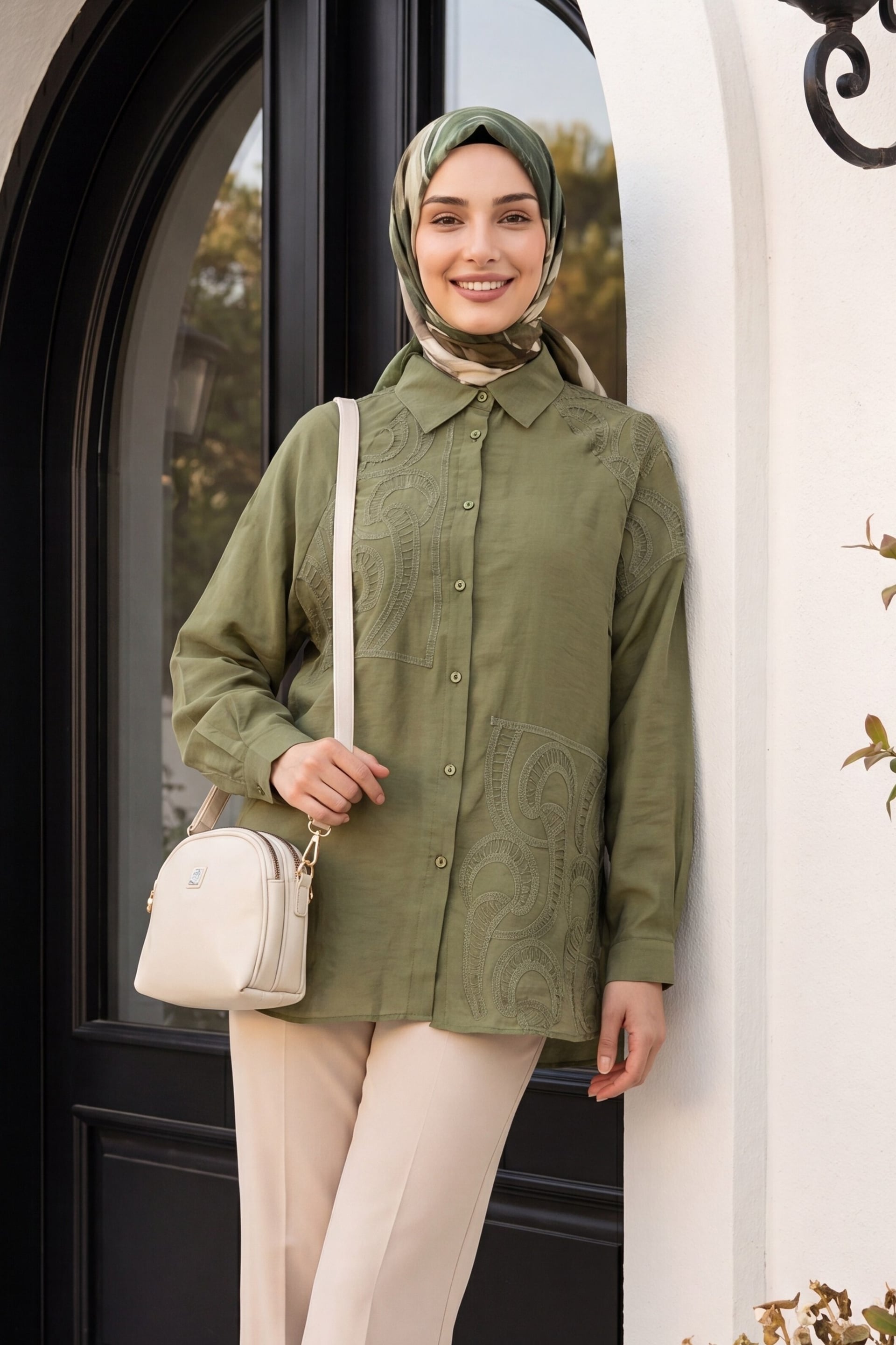 Asymmetric Embroidered Buttoned Tulle Voile Tunic - Khaki - Podyumplus - by Peralane