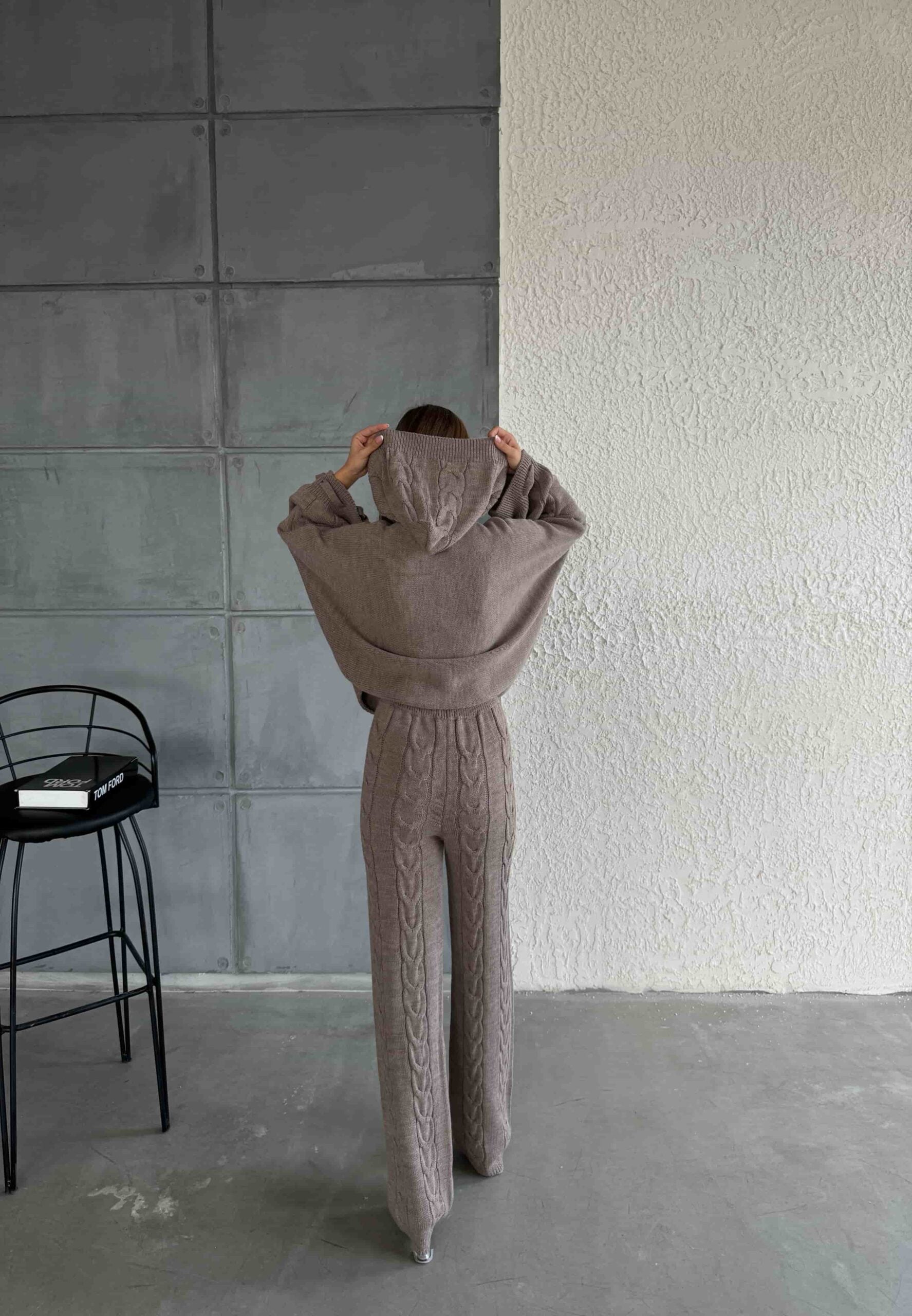 Women's Hooded Knit Loungewear Set with Cable Pattern - Taupe - My Bee - by Peralane - photo 3