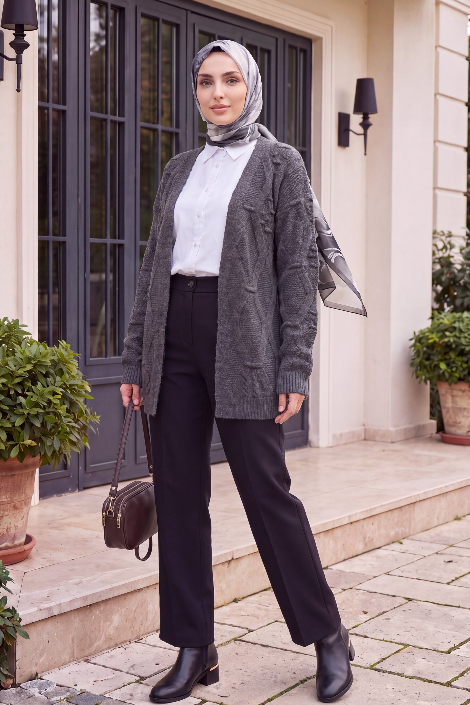 Pom Pom Detail Cardigan with V-Neckline - Smoke Grey - Podyumplus - by Peralane - photo 4