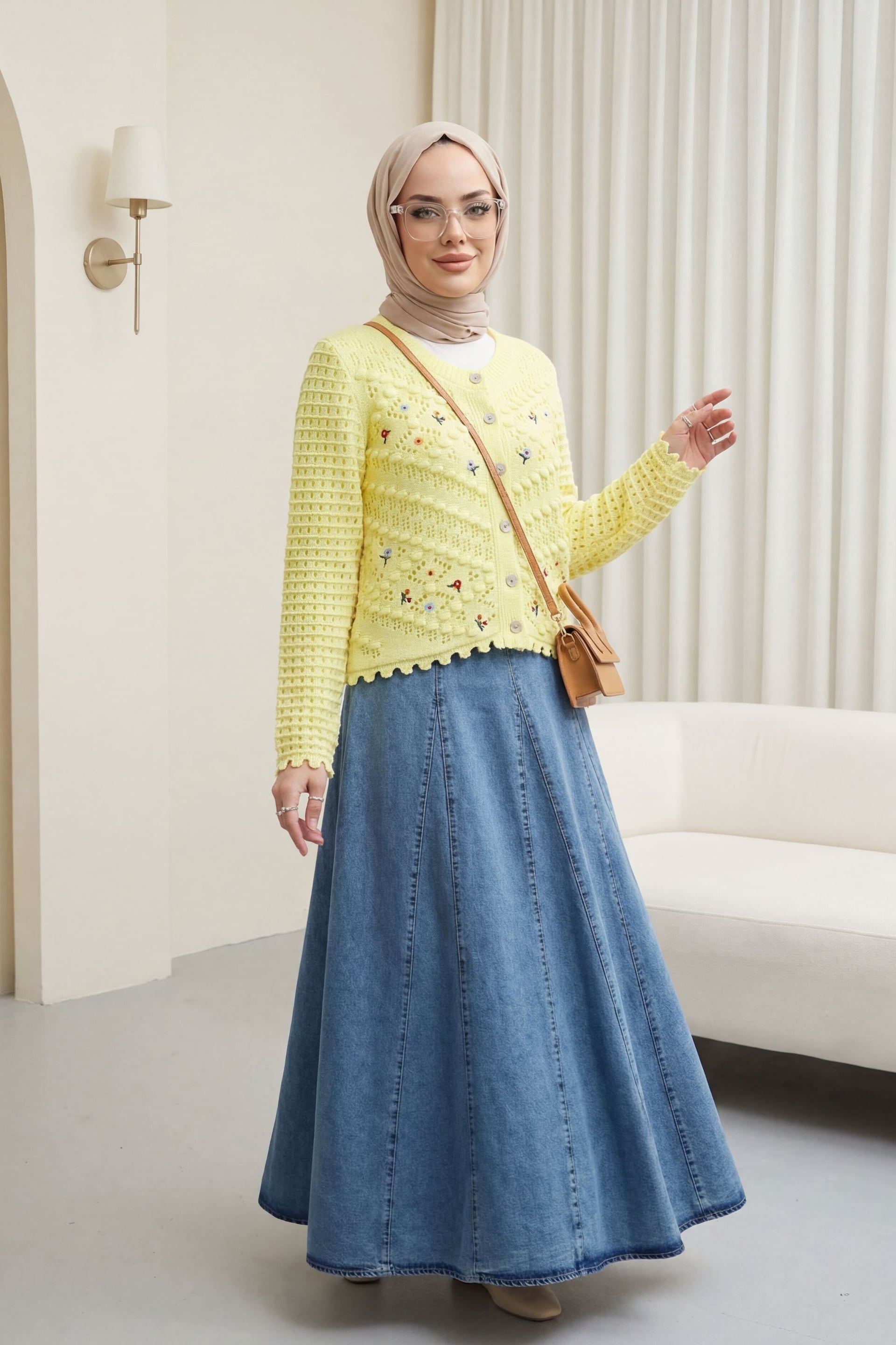 Light Yellow Floral Embroidered Knit Cardigan - Podyumplus - by Peralane - photo 4