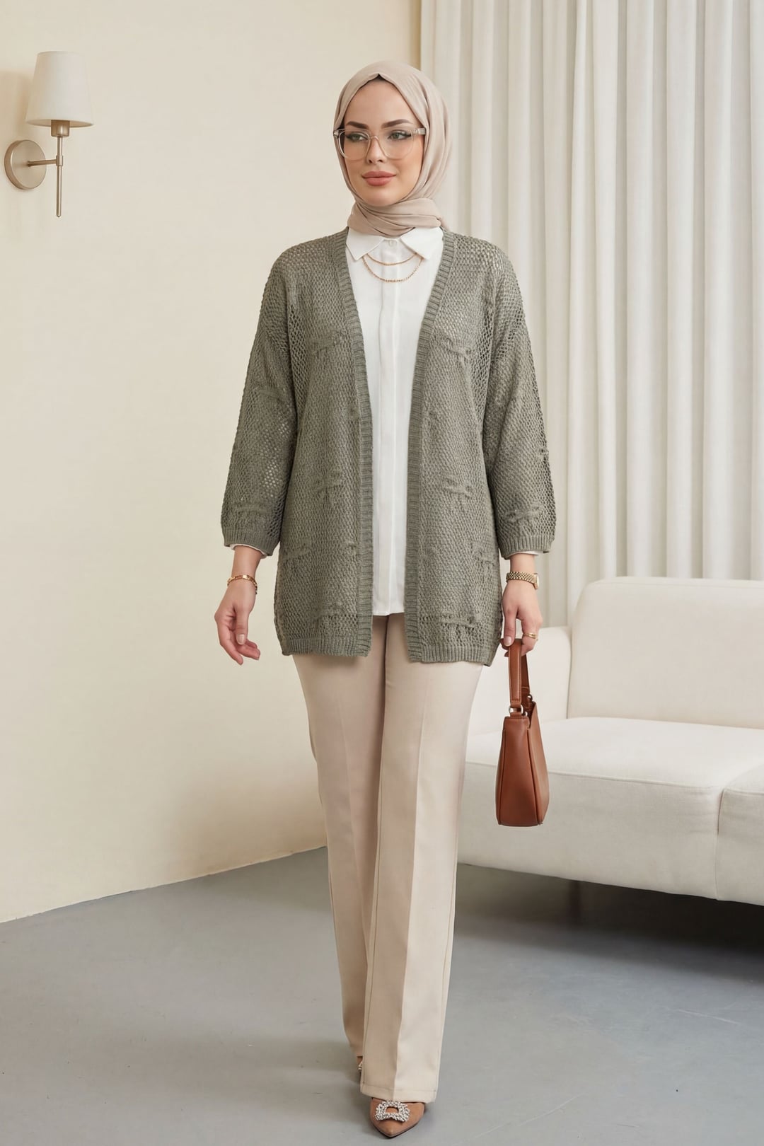 Bow Patterned Open-Knit Cardigan - Olive Green - Podyumplus - by Peralane - photo 2