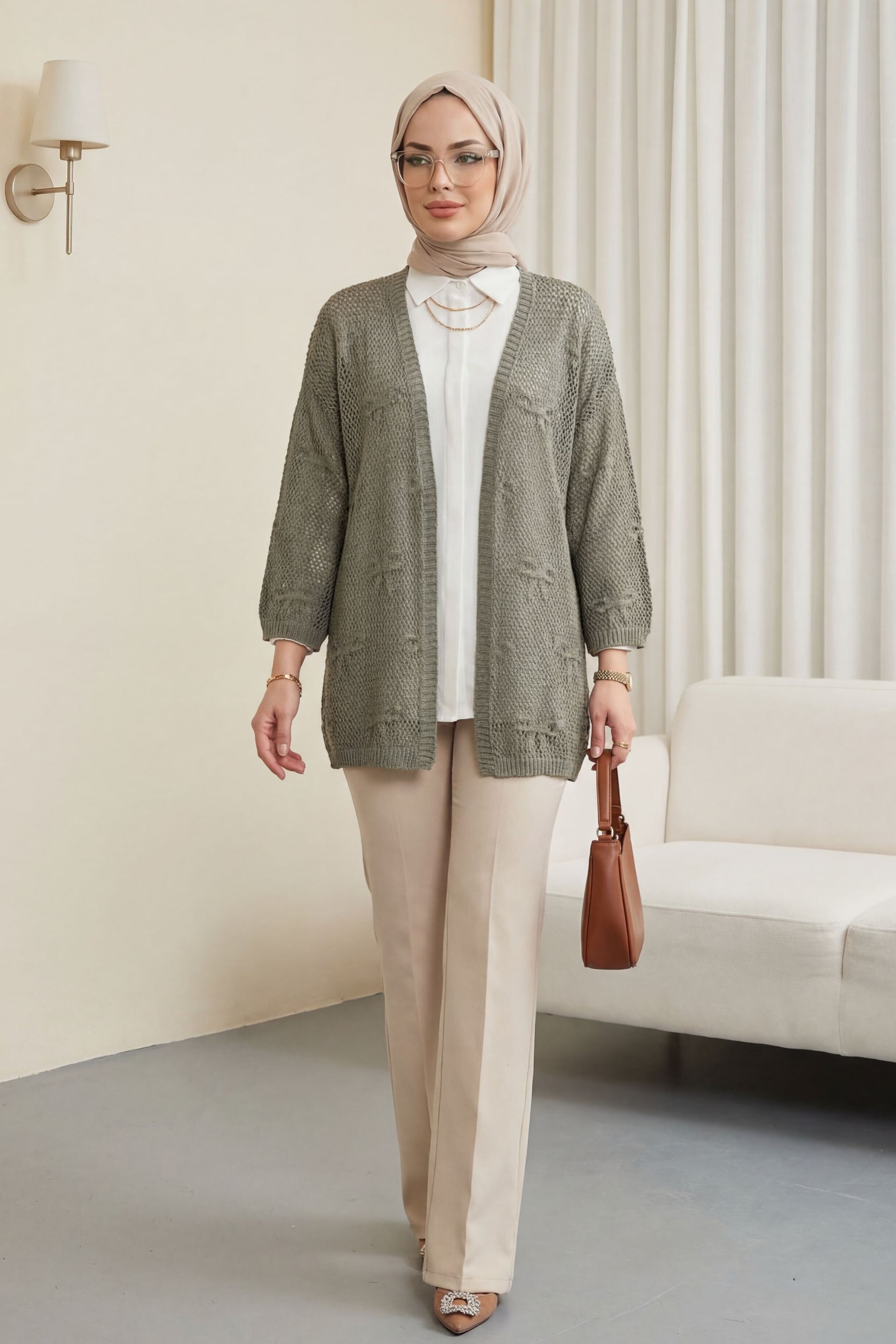 Bow Patterned Open-Knit Cardigan - Olive Green - Podyumplus - by Peralane - photo 2