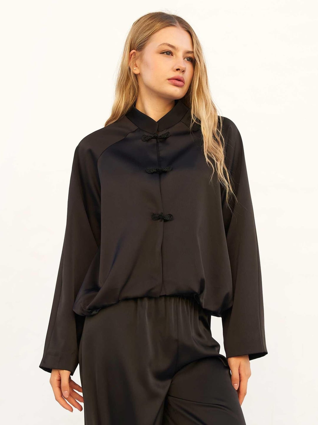 Black Satin Bomber Jacket with Mandarin Collar and Frog Closures - Lefon - by Peralane