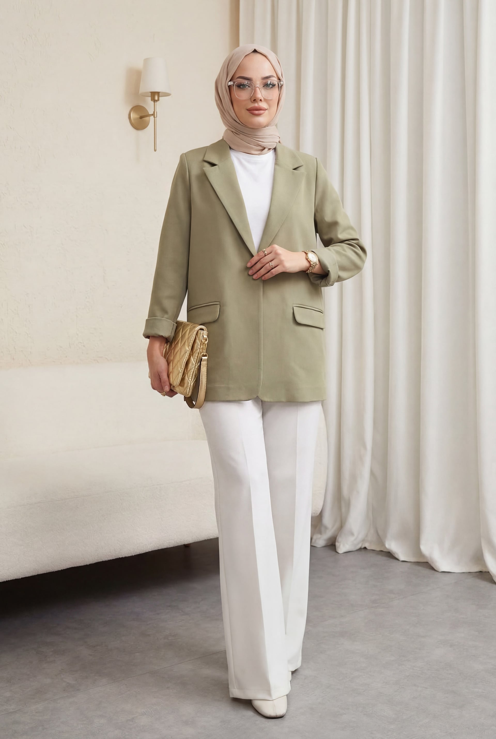 Women's Single-Breasted Notch Lapel Jacket with Pockets - Light Olive - Podyumplus - by Peralane - photo 2