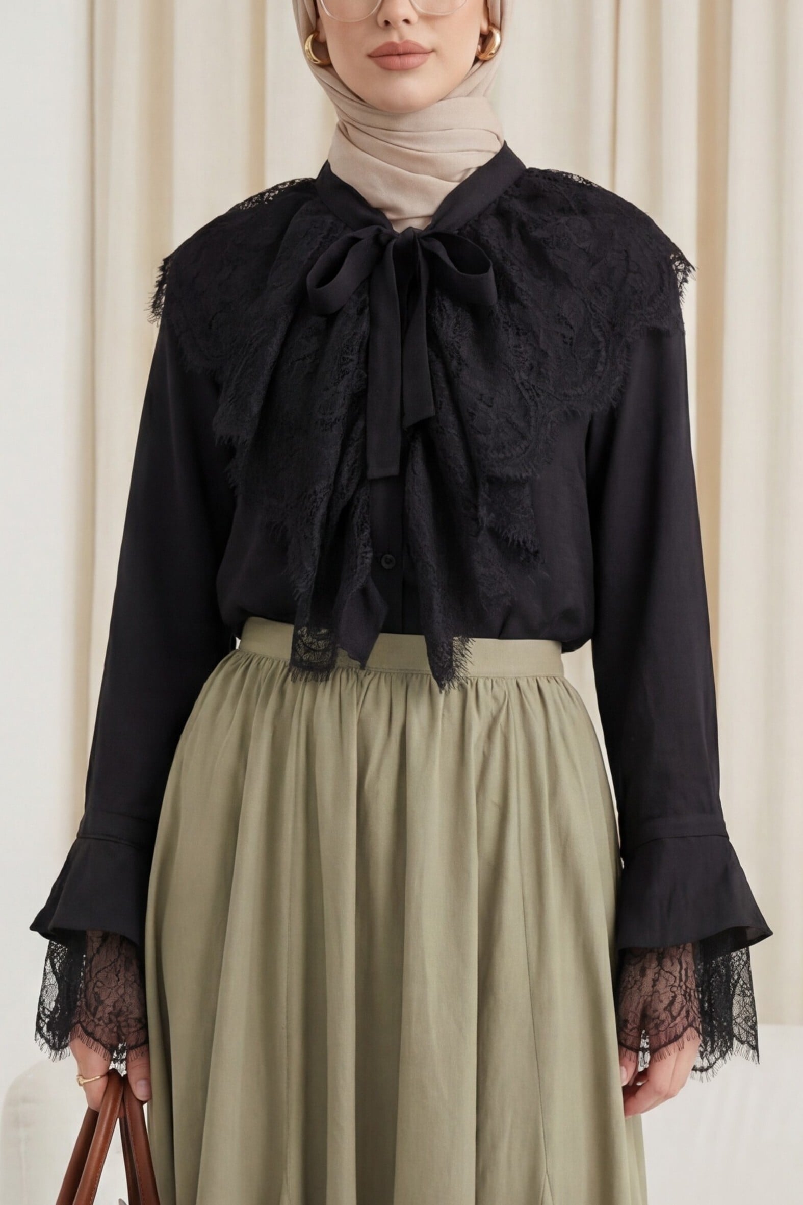 Cupra Blouse with Lace Trim and Tie Collar - Black - Podyumplus - by Peralane - photo 3