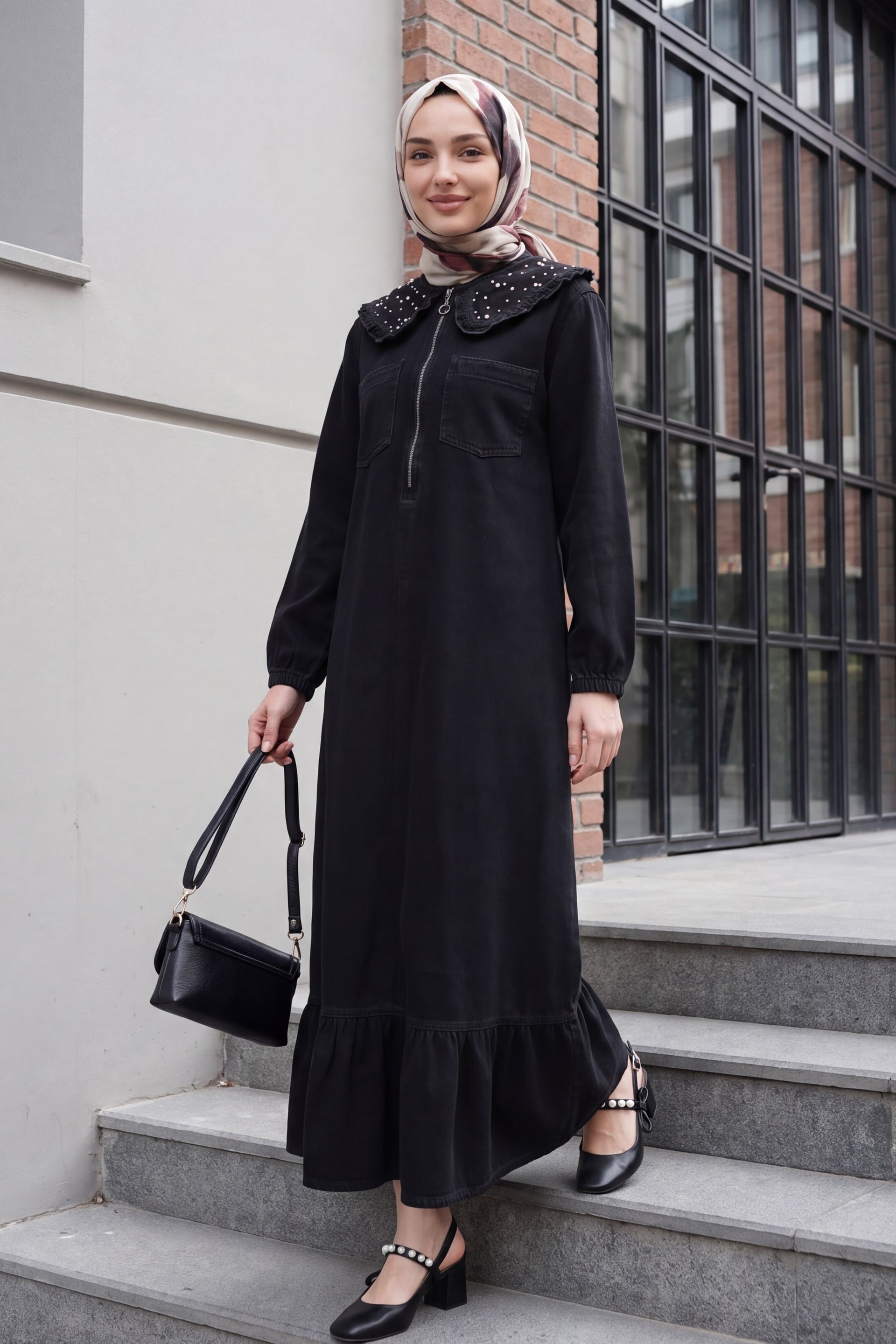 Women's Denim Dress with Ruffle Collar and Belt - Black - Podyumplus - by Peralane - photo 2