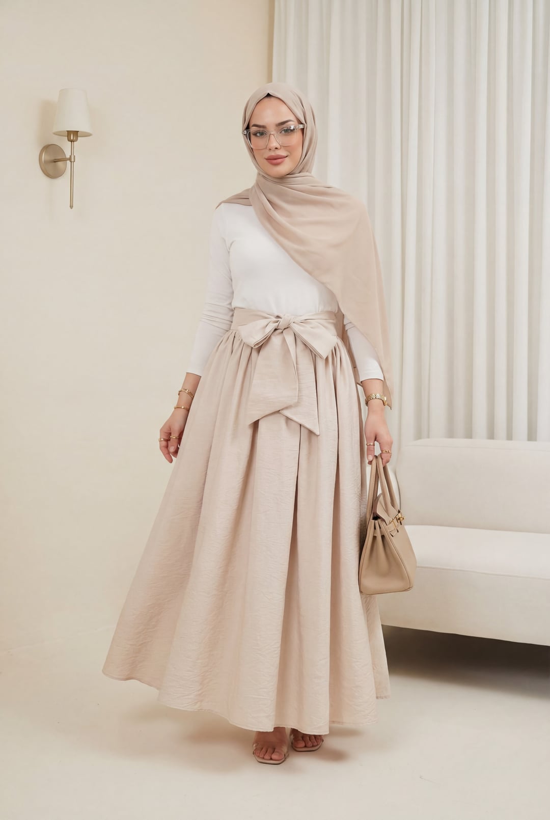 Pleated Belted Parachute Skirt - Beige - Podyumplus - by Peralane