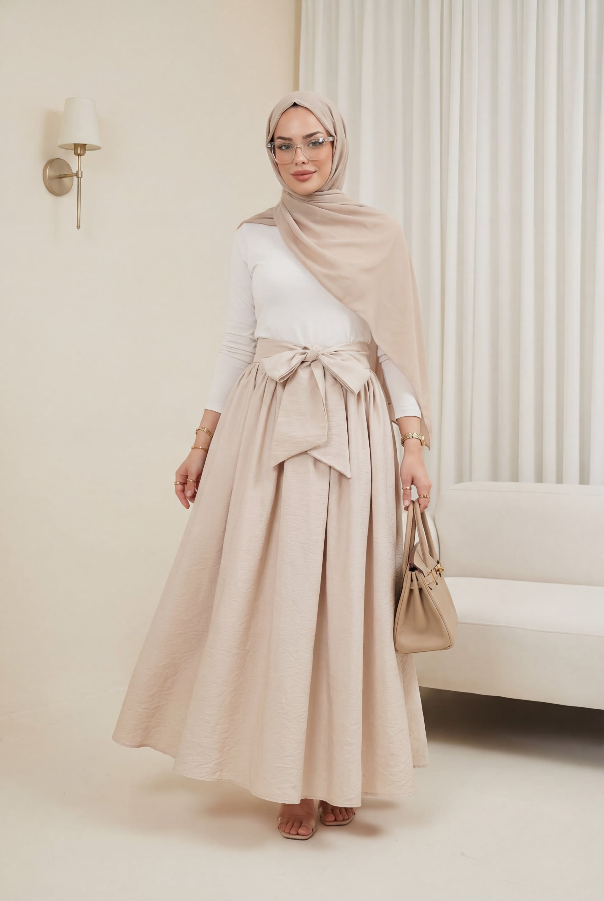 Pleated Belted Parachute Skirt - Beige - Podyumplus - by Peralane