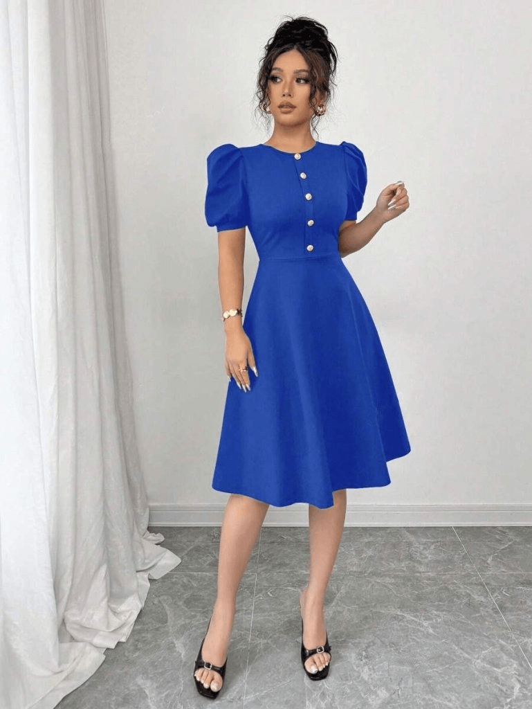 Women's Royal Blue Crepe Dress with Short Puff Sleeves and Front Buttons - Janes - by Peralane - photo 5