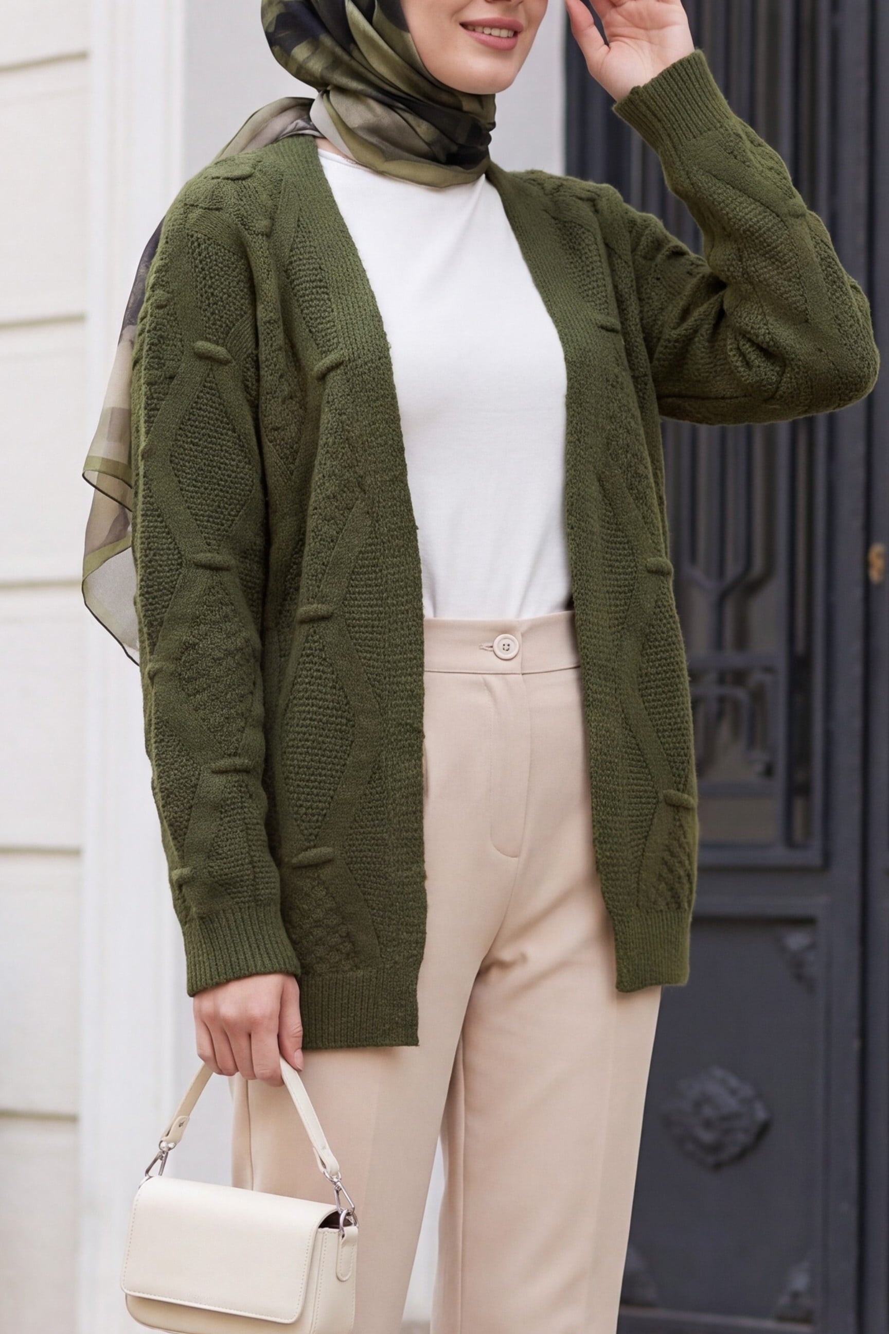 Pom Pom Detail Mid-Length Knit Cardigan - Khaki - Podyumplus - by Peralane