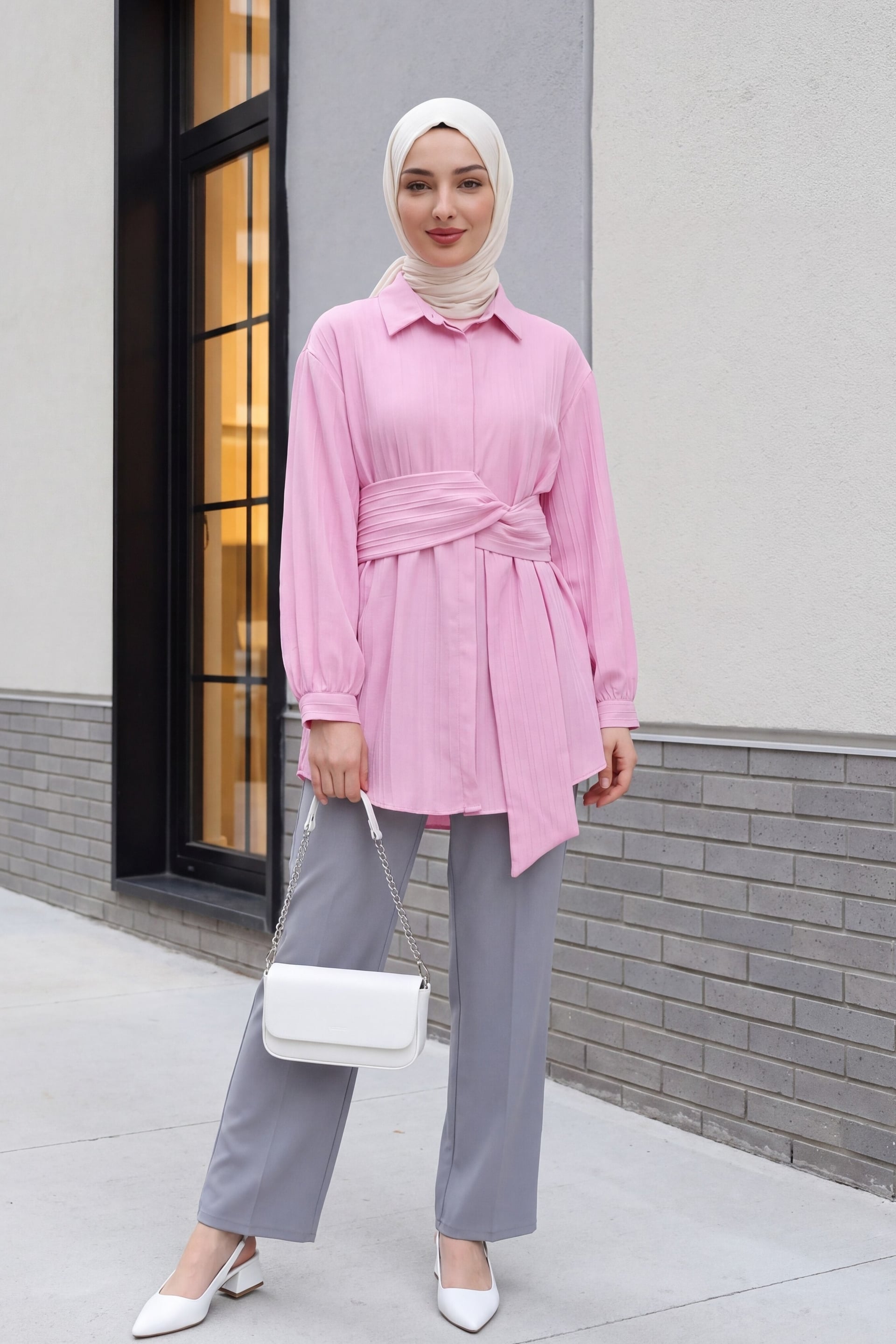 Pink Crinkle Corduroy Waist-Tie Shirt - Podyumplus - by Peralane - photo 5