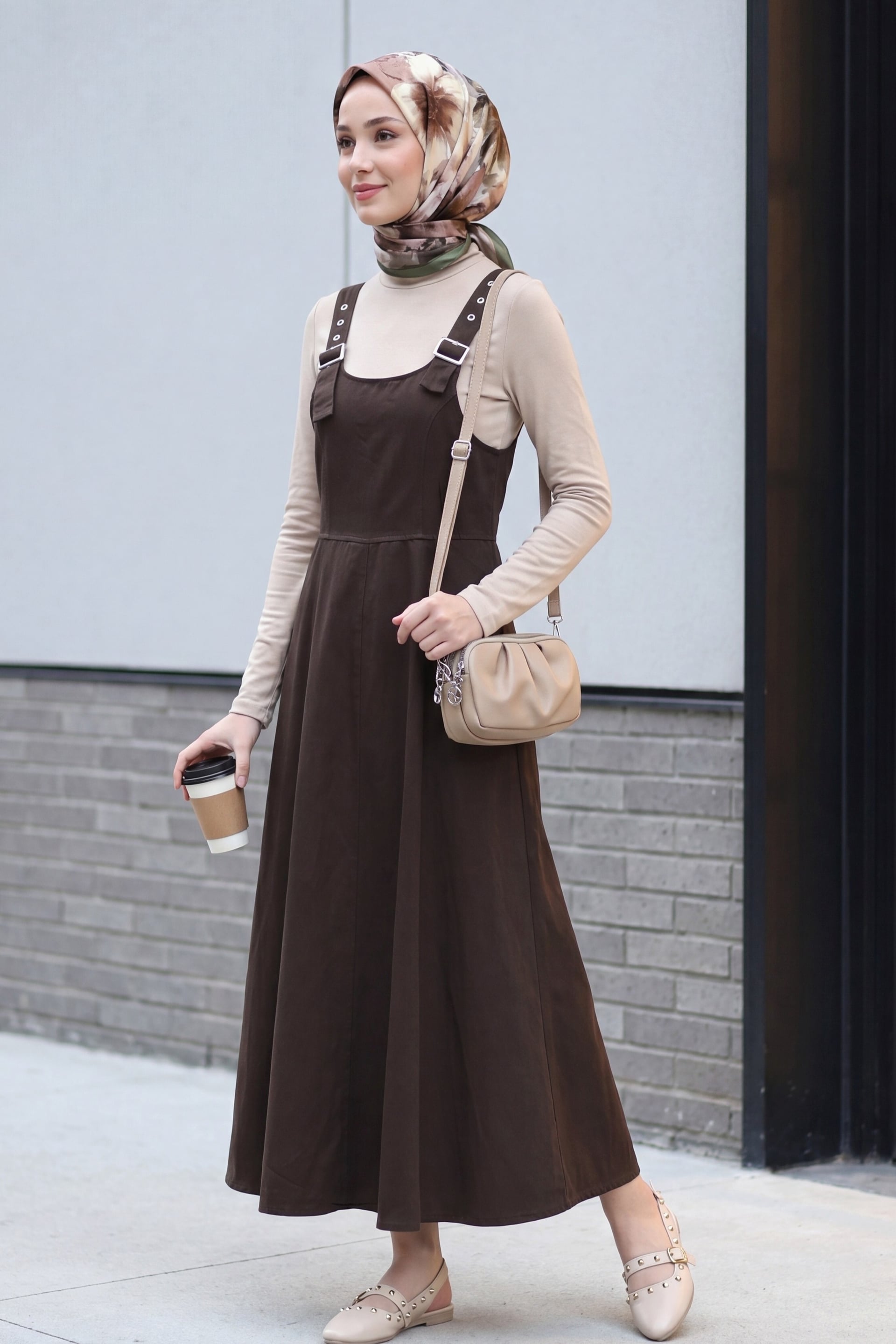 Half-Zip Strap Gabardine Pinafore Dress - Brown - Podyumplus - by Peralane - photo 3