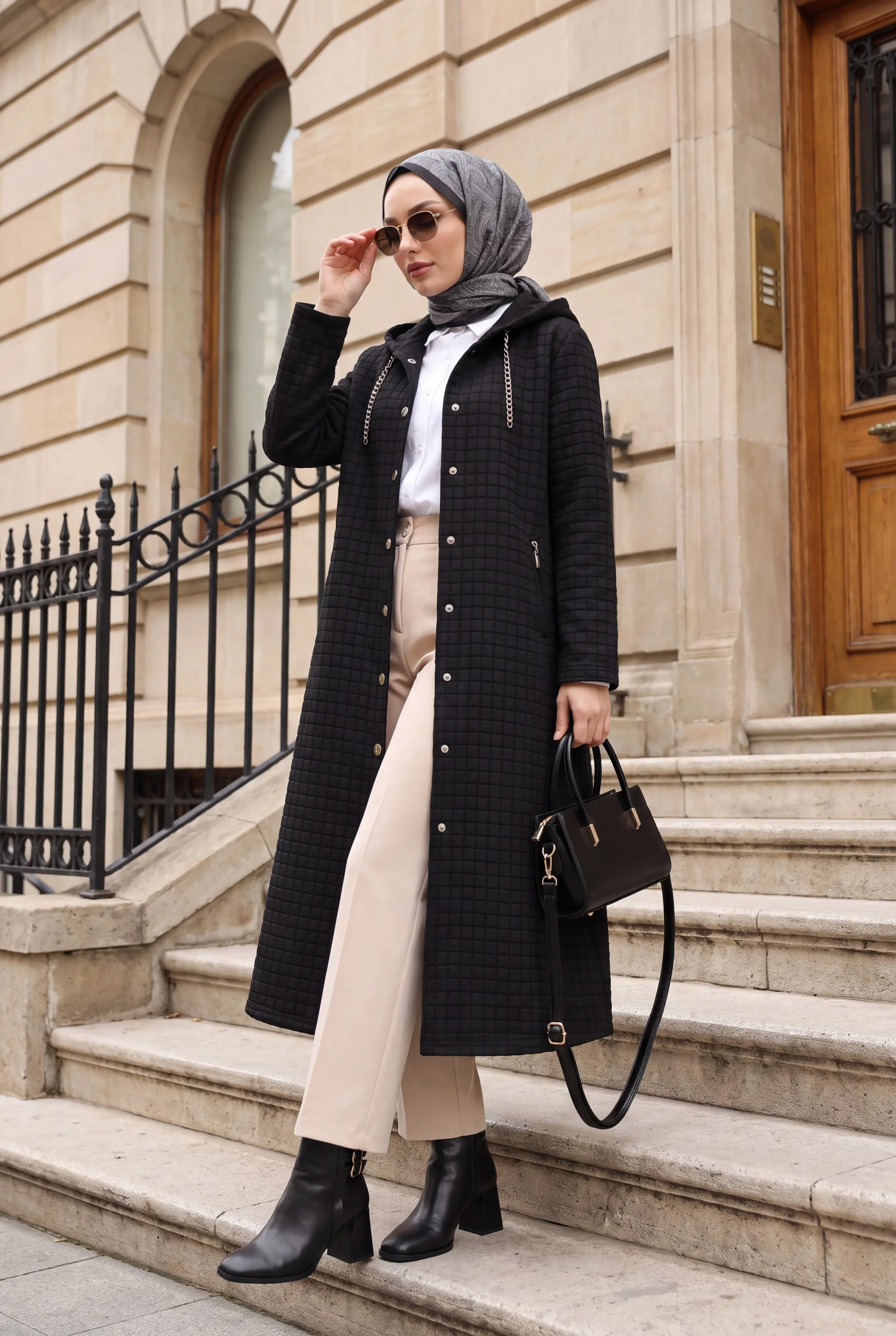 Women's Long Quilted Coat with Chain Collar - Black - Podyumplus - by Peralane