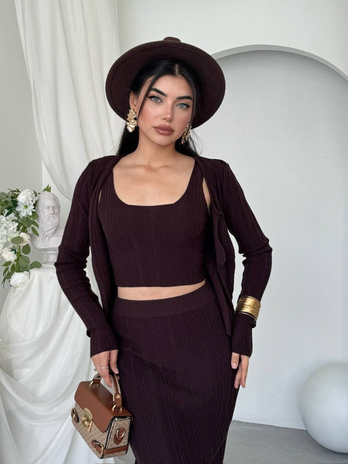 Dark Brown Ribbed Knit Three-Piece Set for Women - Etika - by Peralane - photo 7