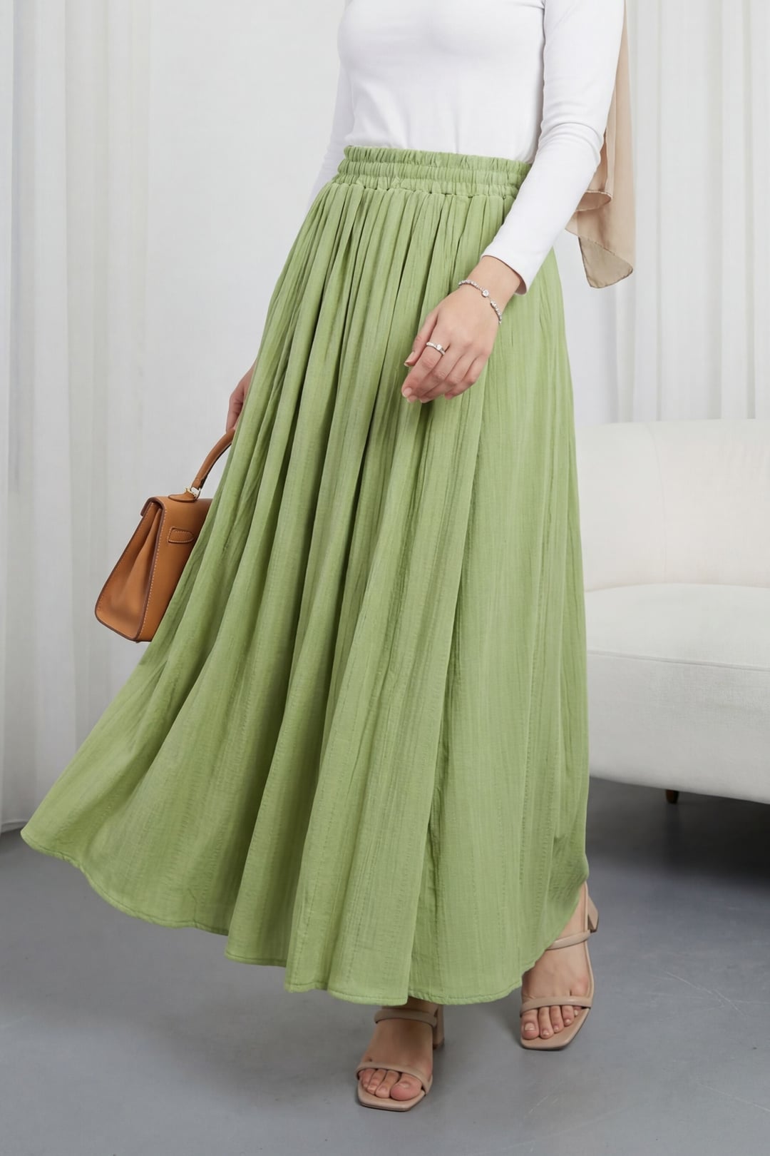 Elastic Waist Lined Long Gofre Skirt - Light Green - Podyumplus - by Peralane - photo 5