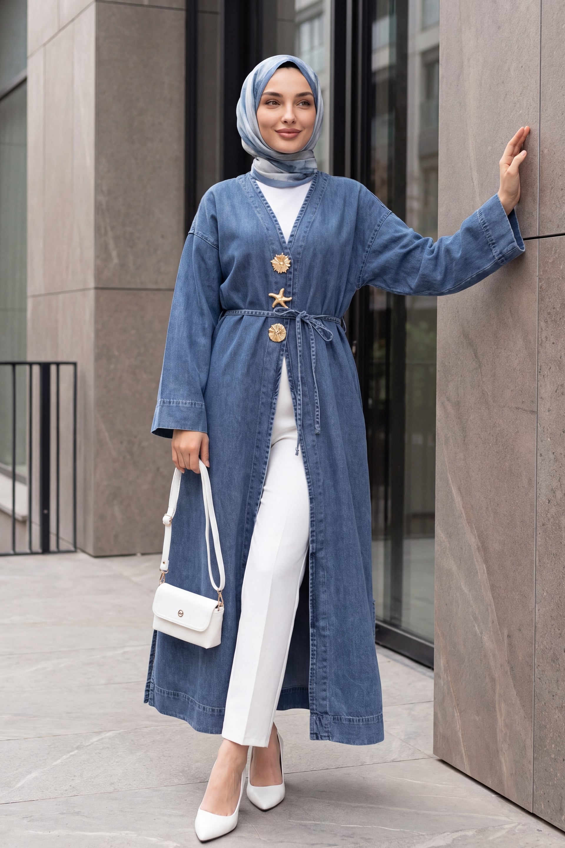 Long Denim Kimono Coat with Brooch Detail and Belt - Ice Blue - Podyumplus - by Peralane
