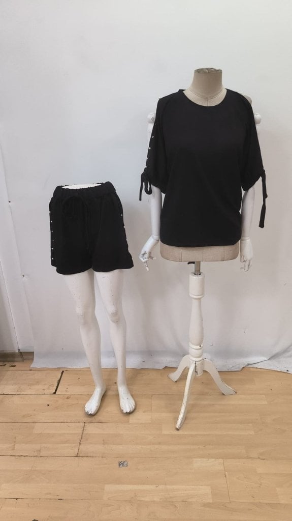 Women's Black Pearl Detail Cold-Shoulder Top and Shorts Viscose Lounge Set - Janes - by Peralane - photo 4