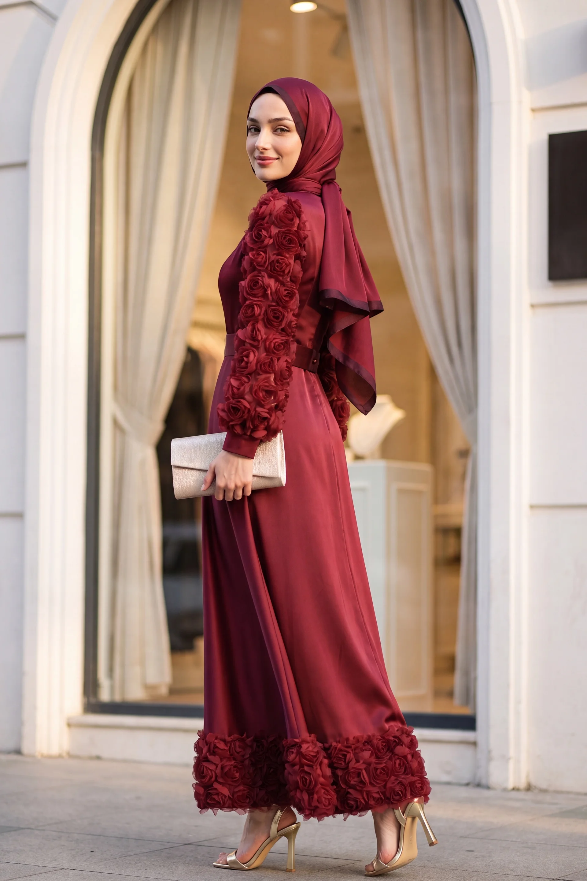 Rose Detail Satin Evening Dress - Burgundy - Podyumplus - by Peralane - photo 6