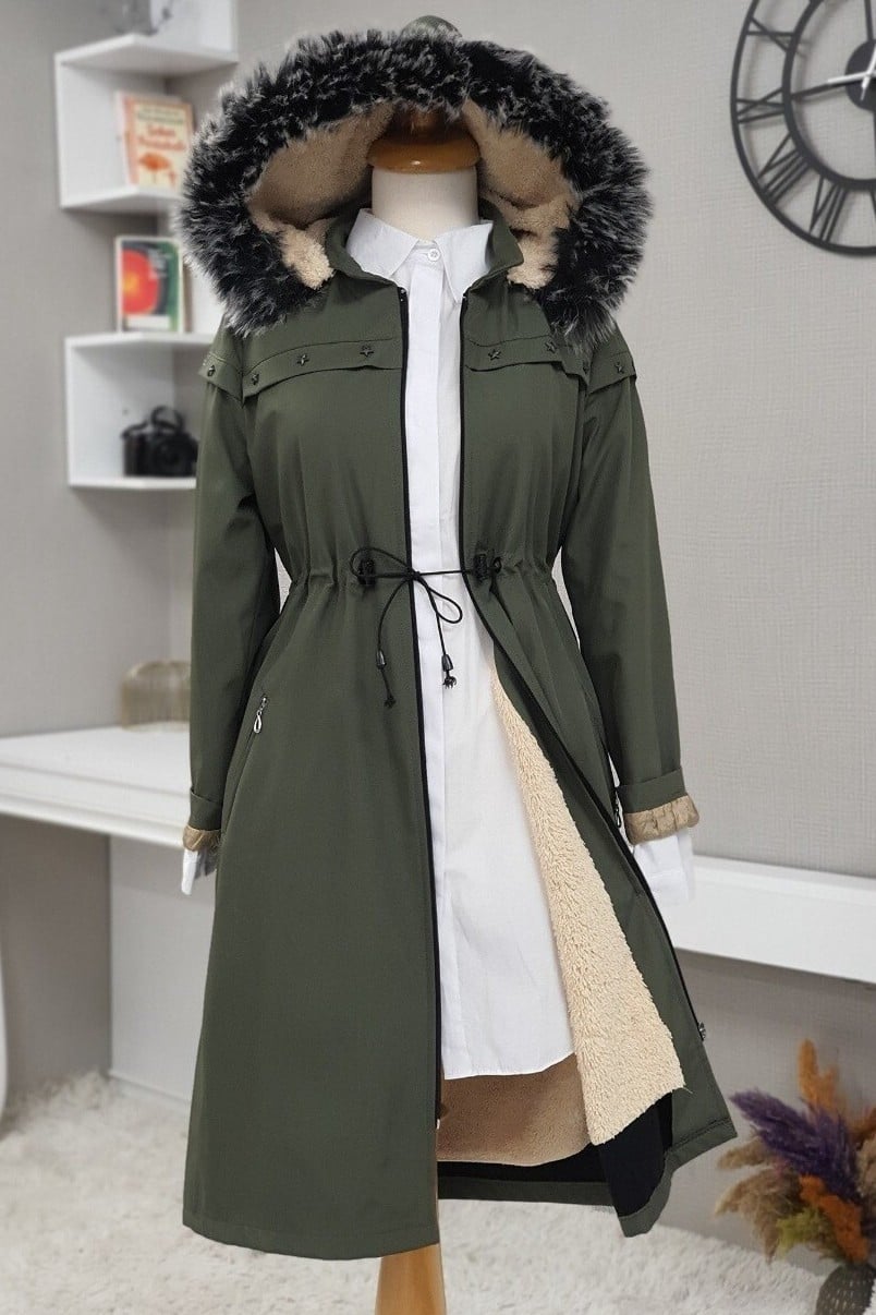 Women's Hooded Parka Coat with Faux Fur Trim - Olive Green - Podyumplus - by Peralane - photo 4