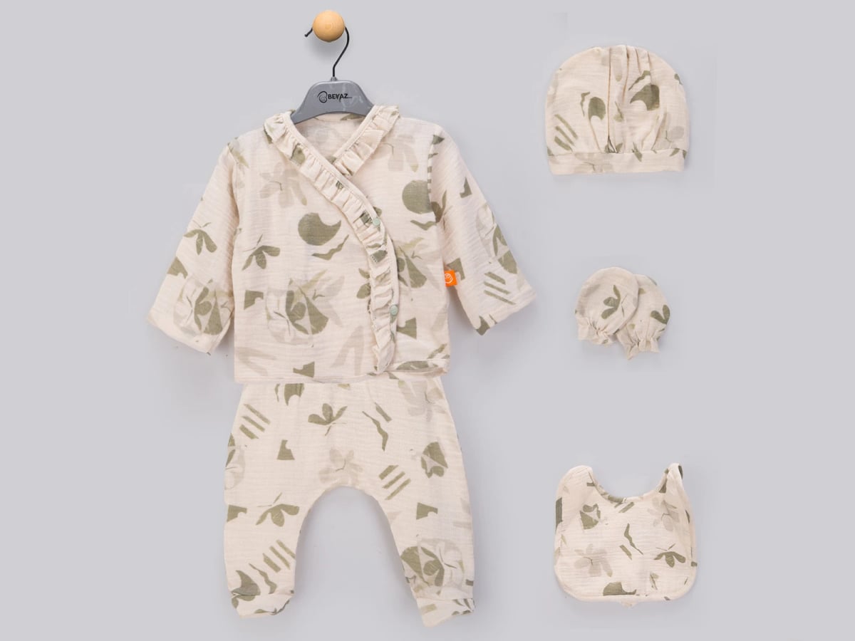 Patterned Newborn Baby Girl 5-Piece Set in Green Print - Beyaz Bebek - by Peralane