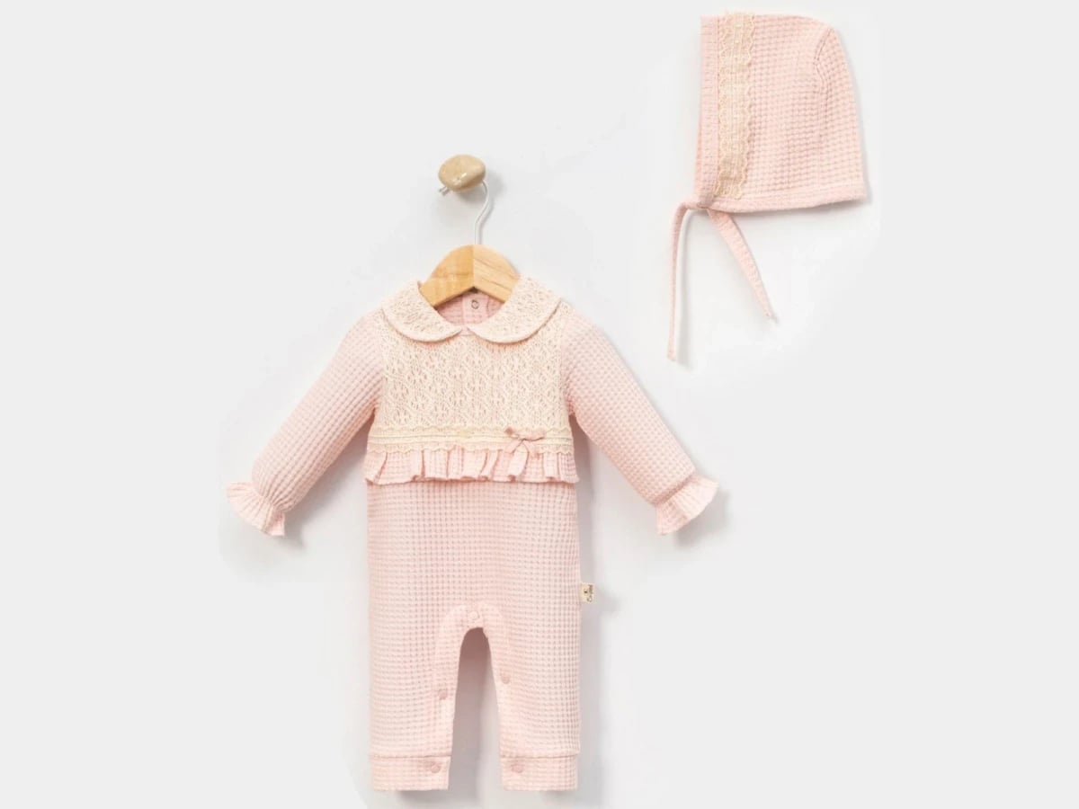 Baby Girl Lace Trim Romper and Bonnet Set - Cayzen - by Peralane